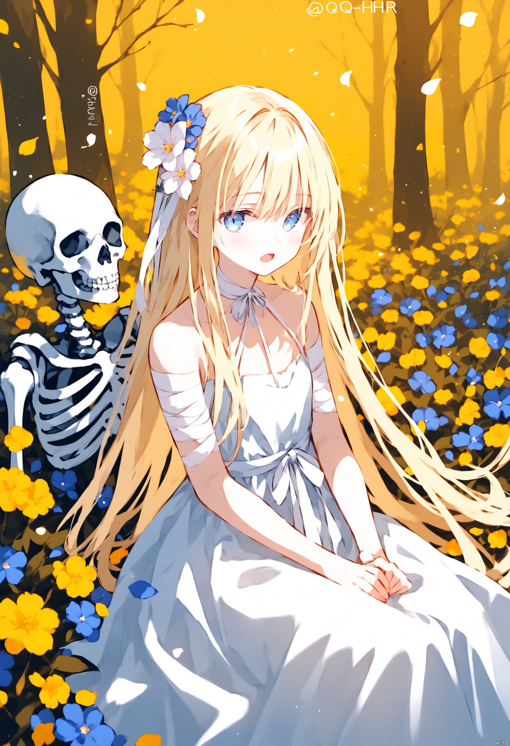 Elite,Artist:hqchr,1girl, absurdly_long_hair, bandages, blonde_hair, blue_eyes, dress, flower, long_hair, open_mouth, petals, simple_background, sitting, skeleton, solo, twitter_username, very_long_hair, white_dress