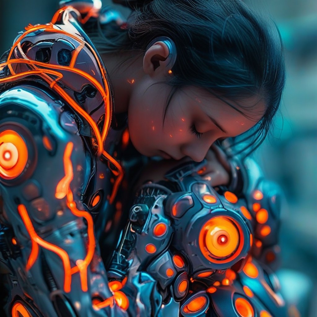 Detailed photography cybernetic girl, a futuristic warrior, clad in advanced cybernetic armor with vibrant orange accents, stands in contemplative repose, head bowed and eyes closed, as if lost in introspective thought. The intricate mechanical components and pulsing lights of her suit evoke a sense of technological wonder, while the simplicity of the background allows the viewer's gaze to rest solely on the enigmatic figure.