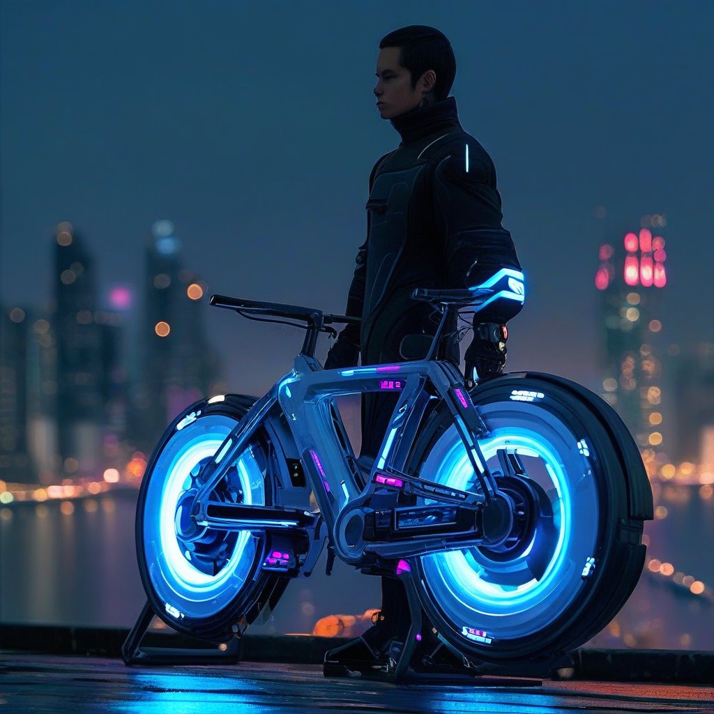 A sleek, cybernetic bike glows with neon blue accents against a dark, metropolitan cityscape at dusk. The futuristic vehicle's metallic frame appears to be infused with circuitry, as if it were an extension of the rider's body. A lone figure in a black jumpsuit stands beside the bike, looking out into the distance with a determined gaze.