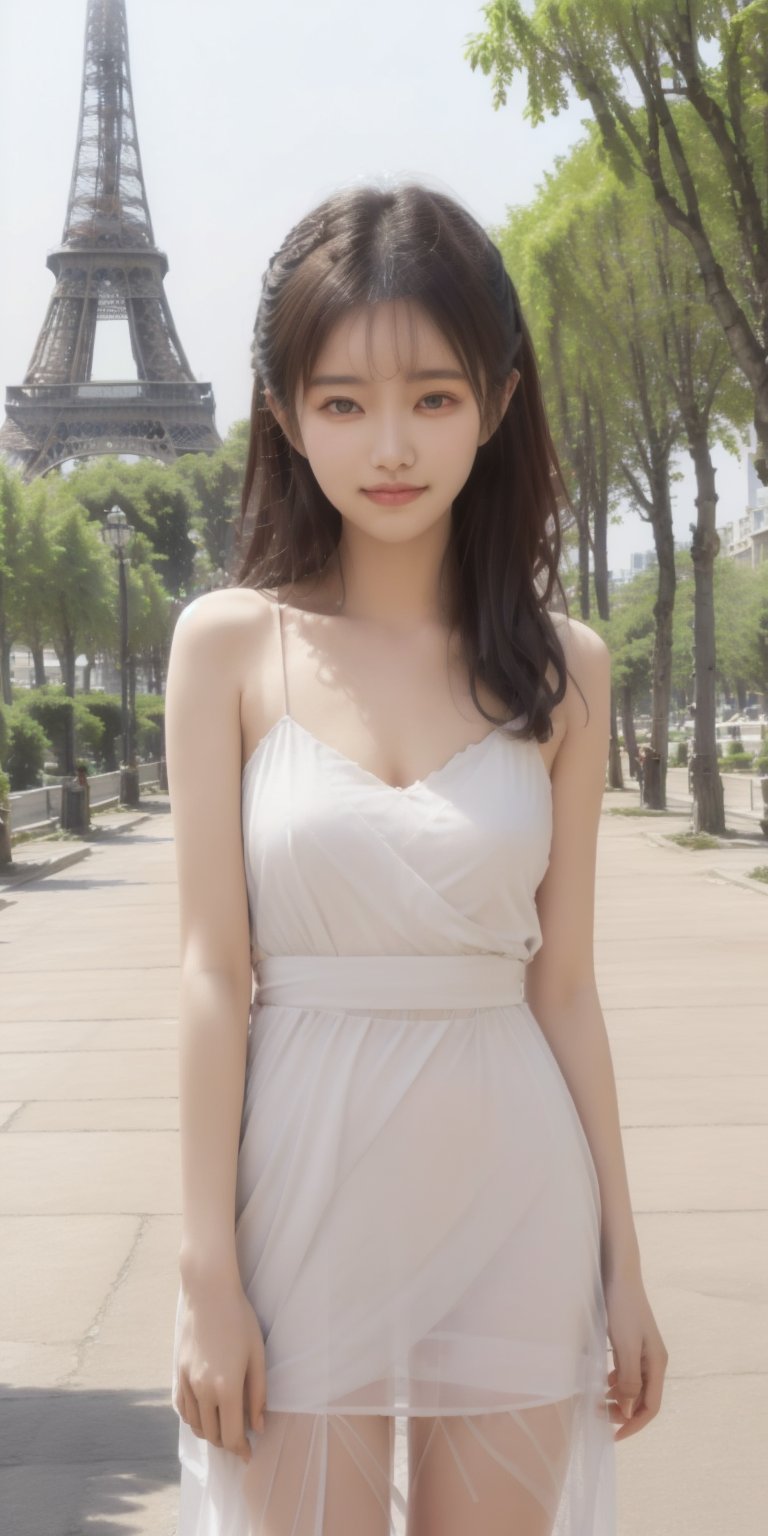 masterpiece,  4k resolution, (1 girl),Surrealistic digital painting of a young woman with fair skin,  invoking a sense of serenity and tranquility, painterly strokes result in.This soft-focus portrait depicts a young woman with fair skin, curly brown hair with bangs, 
wearing a beautiful dress.
A girl with a beaming, radiant smile is standing in front of the Eiffel Tower on a Parisian plaza, with the majestic Eiffel Tower prominently in view. According to