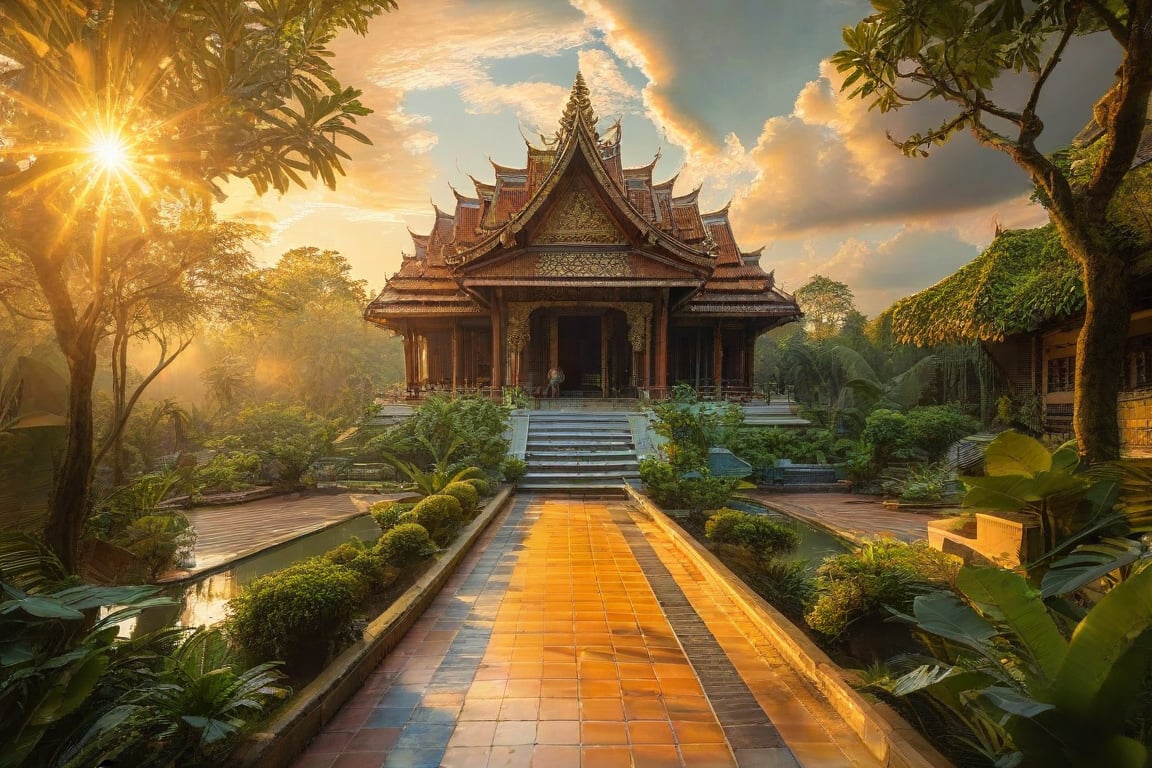 A serene landscape in Indochina bathed in warm, golden light. A majestic temple complex rises from lush greenery, its intricate carvings and soaring spires a testament to ancient craftsmanship. Supreme realistic details adorn every surface as wispy clouds lazily drift across the tranquil sky. The temple's grand entrance is framed by vibrant foliage, while the surrounding landscape fades into soft focus, inviting the viewer to step into this idyllic scene.