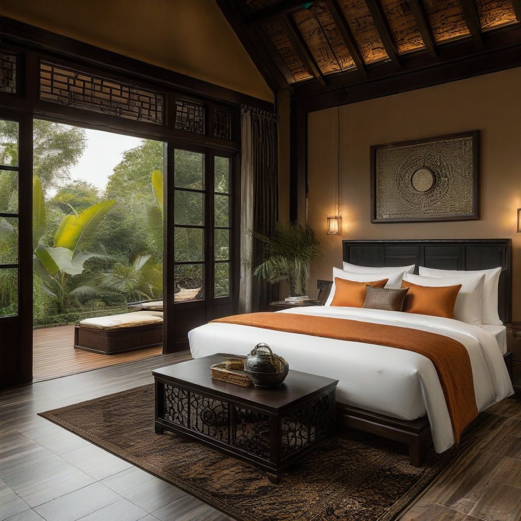 In the image, there is a bedroom that exudes a warm and luxurious atmosphere. The room is characterized by rich wooden accents on the ceiling and furniture, which add to its opulence. A large window with black metal framing offers a view of the outdoors, suggesting a connection to nature. The color palette is dominated by earth tones, with the bedspread in shades of orange and white providing a cozy feel. Traditional elements such as the intricate rug and the classic painting contribute to the room's timeless appeal.