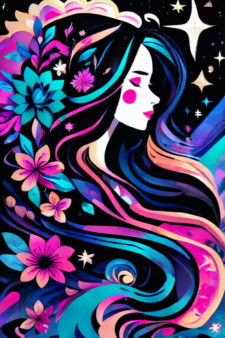 vspop, a stylized female figure with long, flowing hair that incorporates elements of nature, such as flowers and leaves. The color scheme is vibrant, with a predominance of pink, blue, and black hues. The figure's hair and the surrounding space are adorned with floral motifs, suggesting a connection to nature or perhaps a celebration of femininity. The background includes a starry night sky, which adds a sense of wonder and mystery to the composition. The overall impression is one of beauty and tranquility, with the figure serving as the central focal point amidst a richly detailed and colorful backdrop.