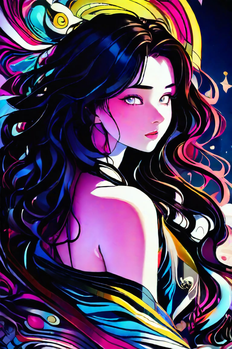 vspop, A masterpiece of intricate detail and vibrant color, a stunning anime-inspired artwork captures the essence of a captivating solo female subject. Gazing directly into the viewer's eyes with an air of confidence and mystery, her gaze is framed by luscious locks of hair cascading down her shoulders. Her torso, partially exposed, showcases a mesmerizing blend of traditional and digital artistry, as intricate patterns dance across her skin. The soft glow of ambient lighting accentuates the subtle curves of her body, while the overall composition exudes an aura of mystique and allure.