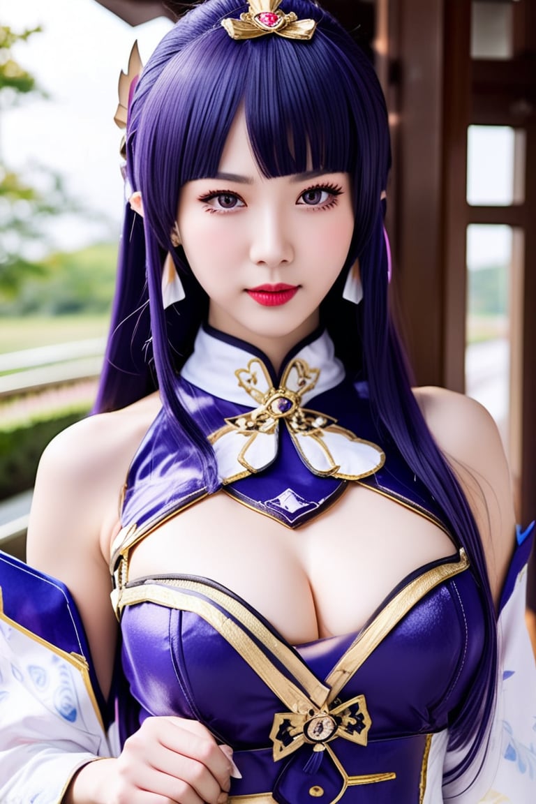 raiden_(genshin_impact). An ultrarealistic absurdres photo of a feminine 1girl with intricate facial features accentuating mesmerizing beauty and perfect model body, cosplay raiden_(genshin_impact) with obi.,ek_real_b00ster