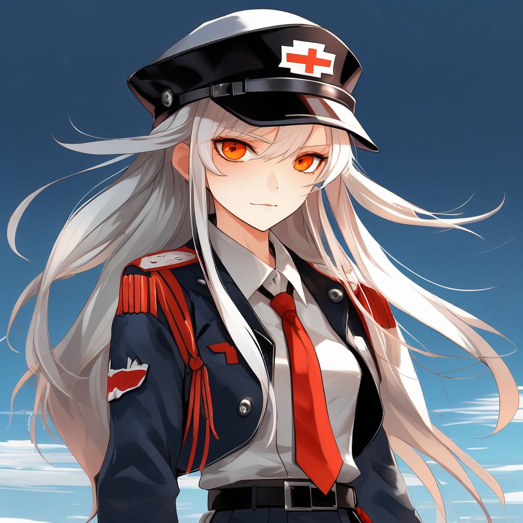 long hair, white hair, red side locks,multicolores hair, orange eyes, medium chest, 1 girl, navy captain's hat, black jacket, white shirt, black tie, black skirt ,midjourney,anime