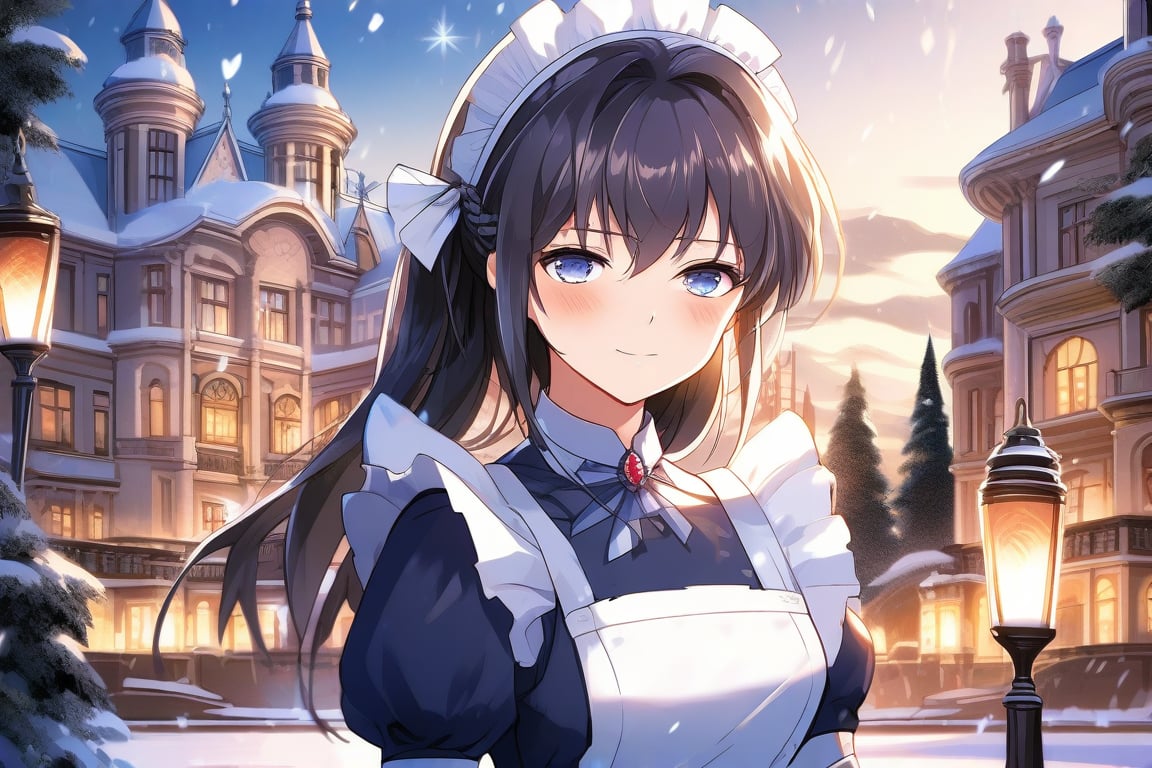 A very beautiful girl, masterpiece quality, light particles, mansion in background, she is a maid, maid uniform, looking at viewer, upper body,Anime Style.ice.