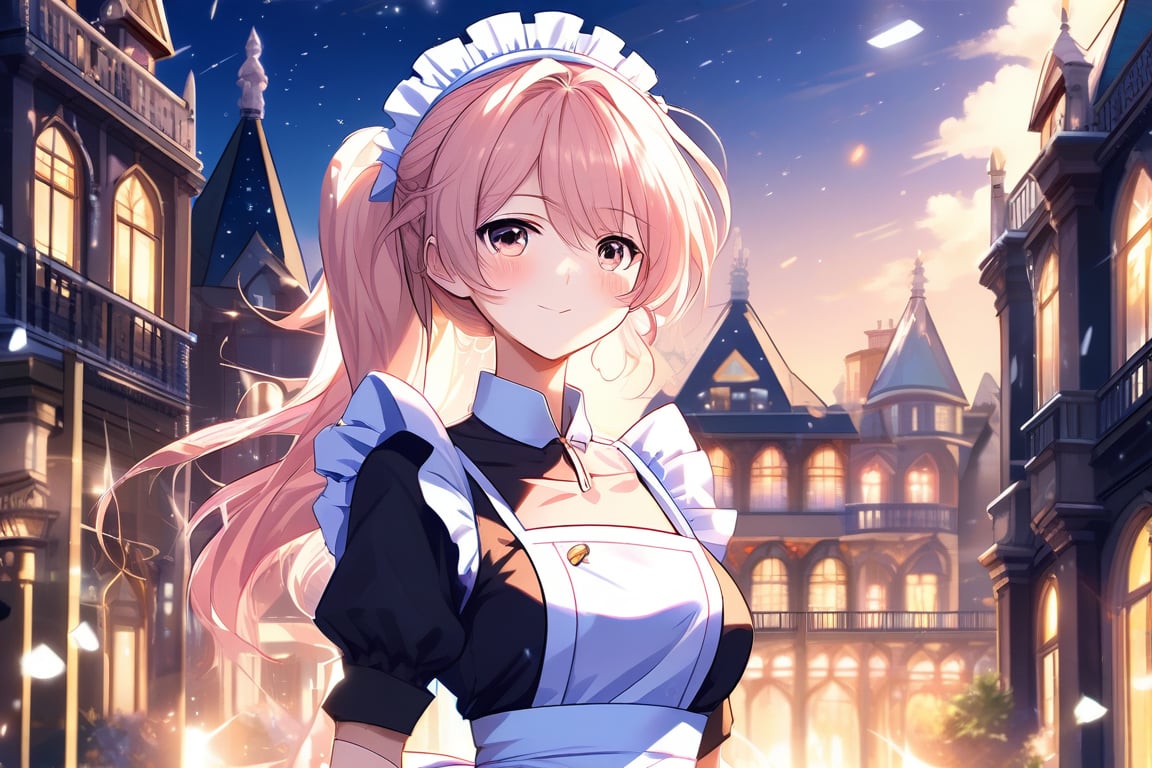 A very beautiful girl, masterpiece quality, light particles, mansion in background, she is a maid, maid uniform, looking at viewer, upper body,Anime Style.ice.