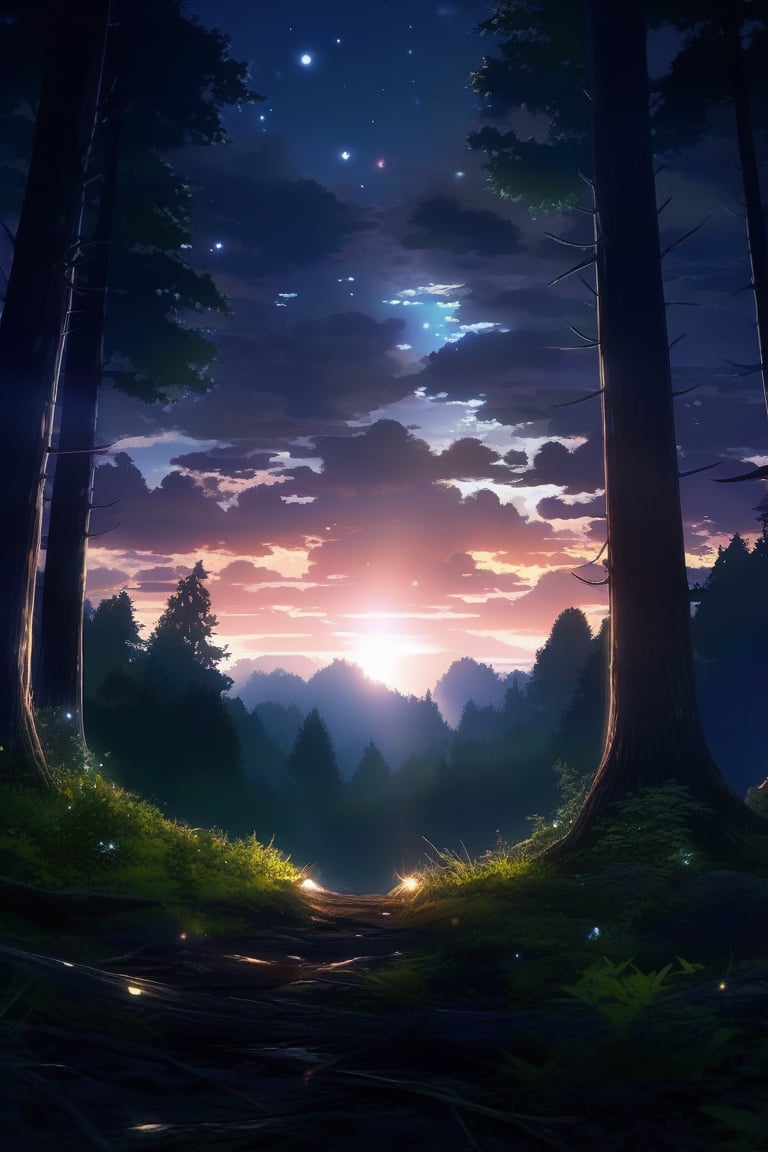 Dawn, intricate, recognizing the land, into the forest, only light of the stars, wonderful sky, view from the low, deep background, cinematic light. dynamic light,midjourney,anime