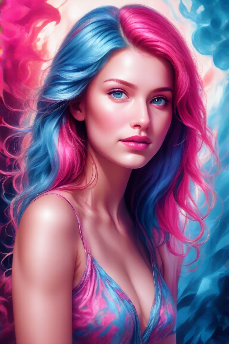 A captivating portrait of a mix blue and pink medium hair style with luscious, big wavy locks framing her radiant face. Behind her, a vibrant digital abstract visuals adds a pop of color to the serene atmosphere.,Enhance,Realistic Enhance,Cartoon