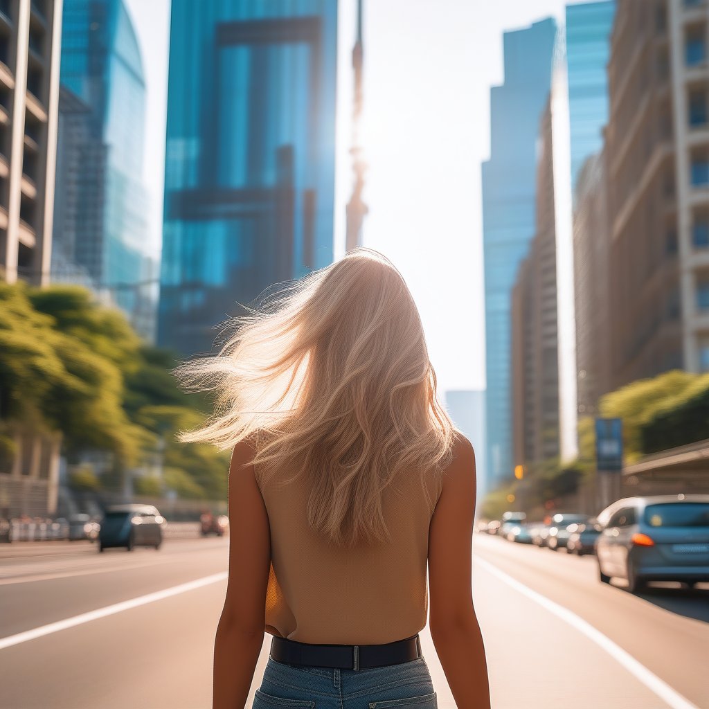 A vibrant cityscape with a blonde woman strolling leisurely, her hair flowing in the breeze. The scene captures her from a mid-distance, showcasing the urban environment with tall buildings and bustling streets. Soft, natural lighting highlights her relaxed pose and the dynamic city backdrop. Compositionally, the woman is centered with the cityscape framing her, creating a harmonious balance between subject and setting.