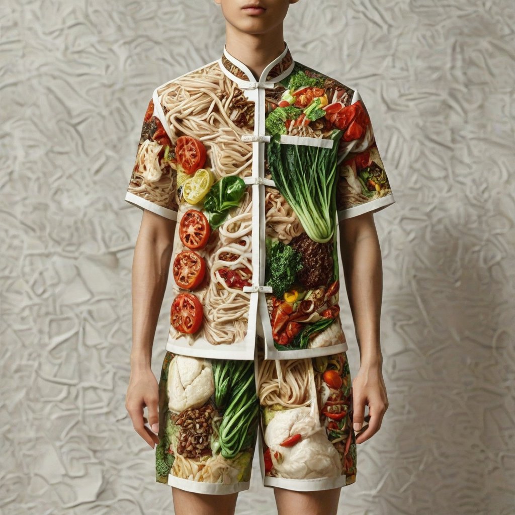 The image is an artistic representation of a male figure wearing a unique outfit. The outfit is a shirt and shorts that are designed to resemble a variety of the  Vietnamese white noodles, vegetables, meat, and sauces, arranged in a pattern that covers the entire garment. The figure is standing against a plain background with a textured appearance. Notable features include the detailed depiction of the food items on the clothing and the signature of the artist at the bottom right corner. The overall impression is one of creativity and fashion, blending the concept of clothing with culinary art.,Enhanced Realistic,Pho,Elite