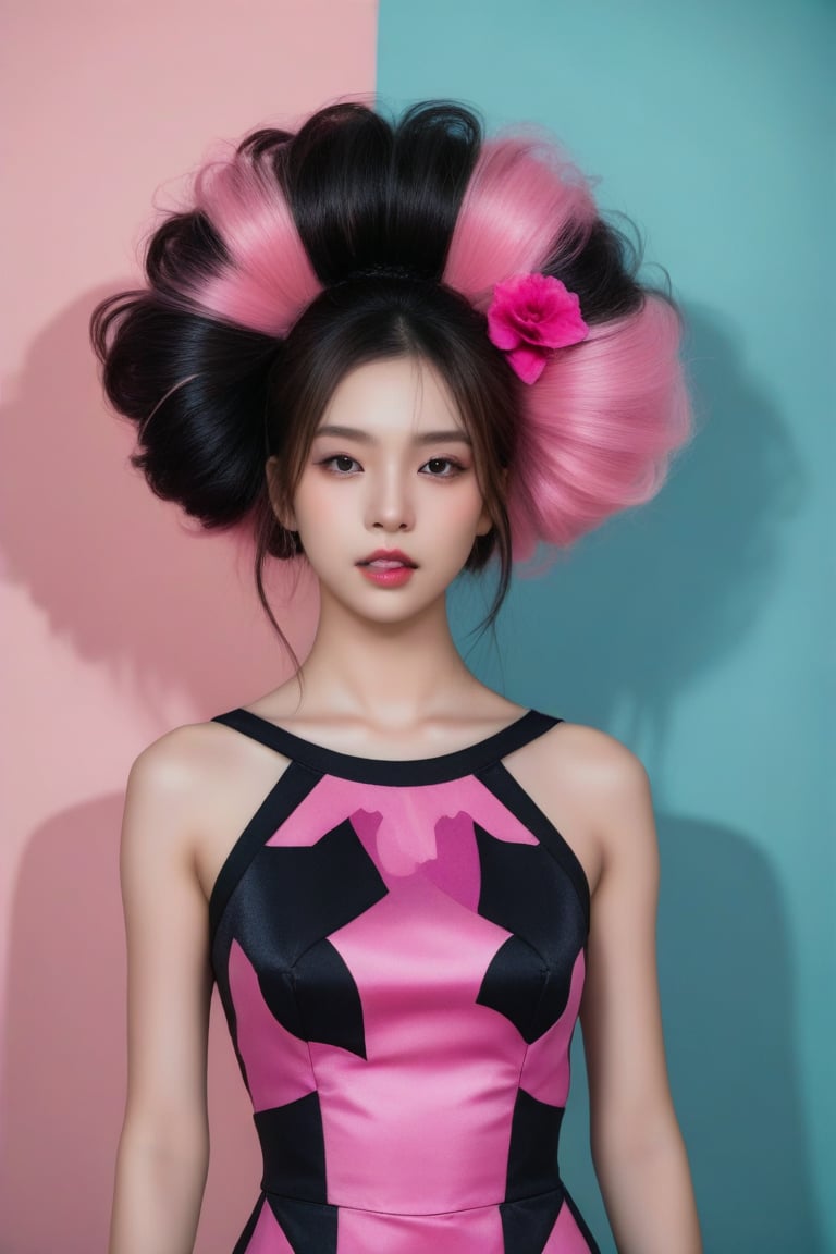 A girl has an elaborate hairstyle with a mix of black and pink tones, which could suggest a creative or rebellious personality. The presence of the colorful background may indicate a sense of vibrancy or action associated with the character. The attire, though not fully visible, appears to be a form-fitting top, hinting at a modern or fashionable aesthetic. The overall composition and style are indicative of a narrative-driven genre such as comics or graphic novels.