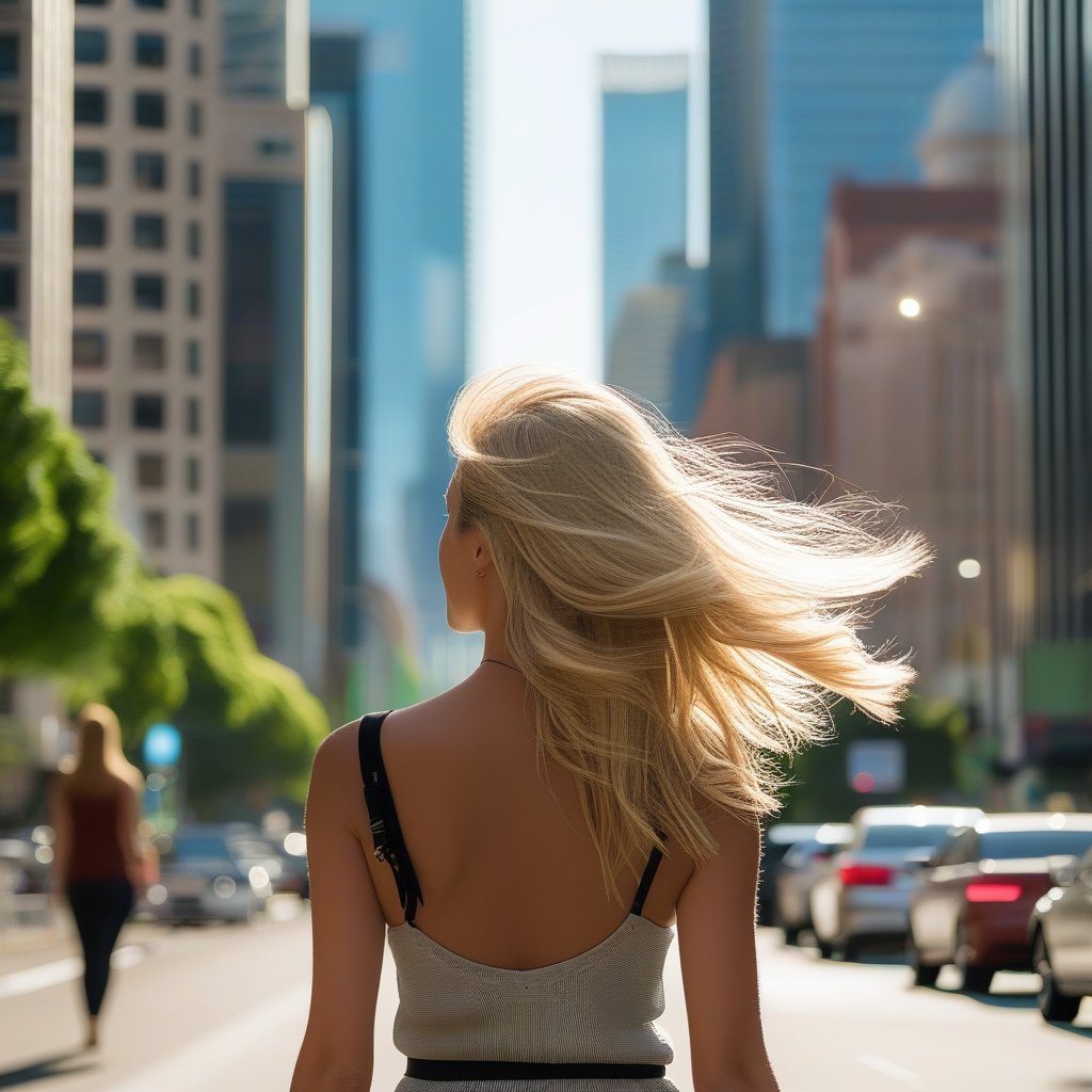 A vibrant cityscape with a blonde woman strolling leisurely, her hair flowing in the breeze. The scene captures her from a mid-distance, showcasing the urban environment with tall buildings and bustling streets. Soft, natural lighting highlights her relaxed pose and the dynamic city backdrop. Compositionally, the woman is centered with the cityscape framing her, creating a harmonious balance between subject and setting.