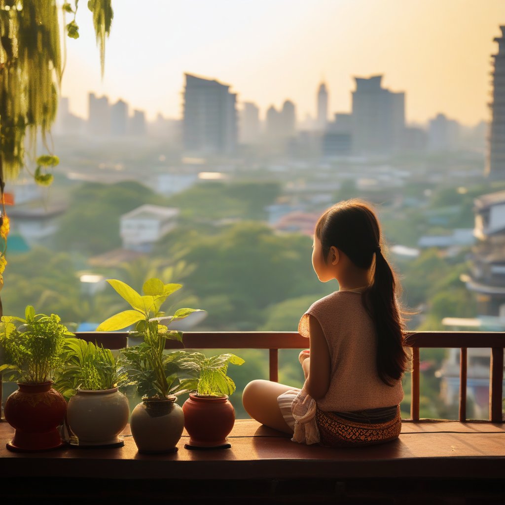 A serene rooftop scene in Hanoi, featuring a young girl enjoying a peaceful afternoon. She sits contemplatively, surrounded by potted plants and traditional Vietnamese decor. The view captures her from a slight distance, with the bustling cityscape of Hanoi visible in the background. Soft, warm lighting enhances the tranquil atmosphere, highlighting her relaxed posture and the lush greenery. The composition centers on her, with the city skyline gently framing the scene, emphasizing the contrast between her calm demeanor and the vibrant city below.