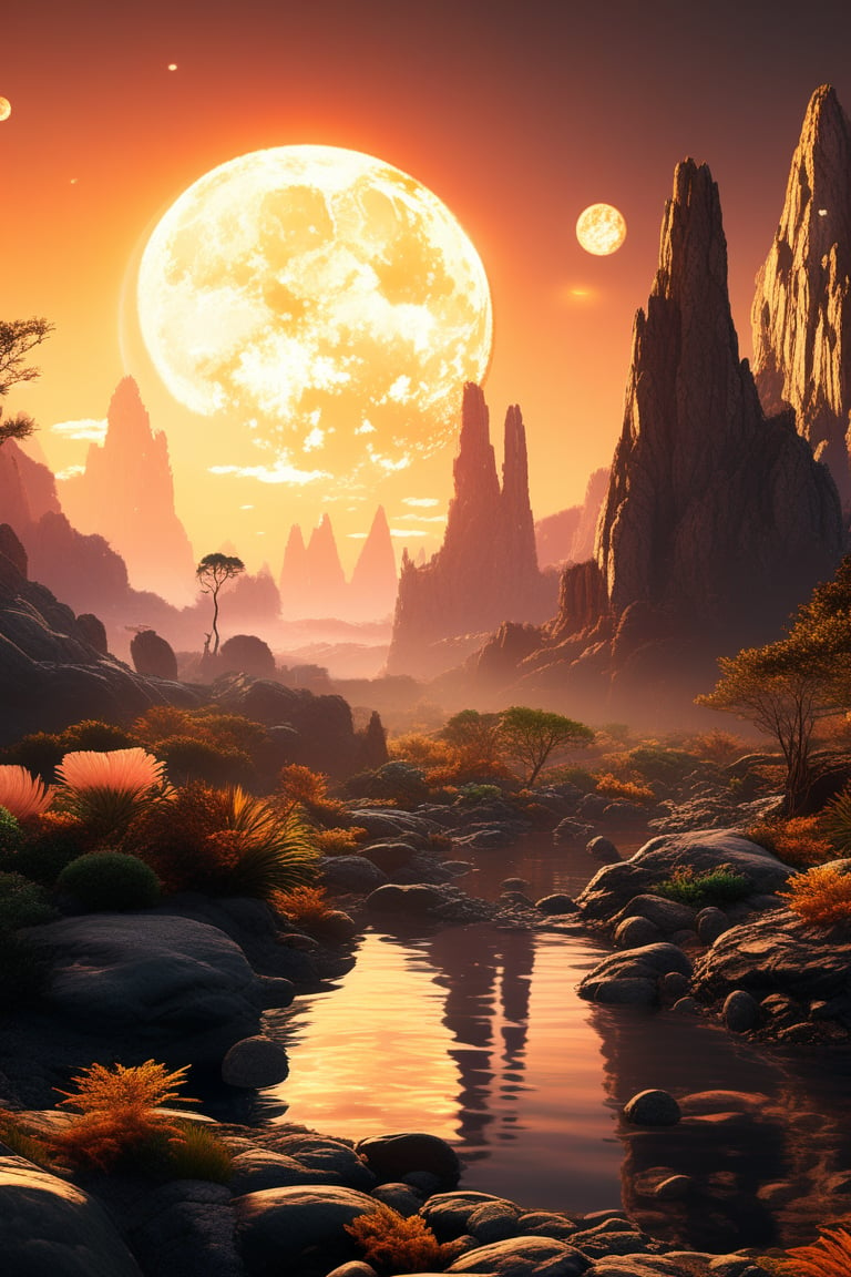  A surreal alien landscape with floating rocks, strange vegetation, and multiple moons in the sky. photography. Natural geographic photo. trending on artlist, Hyper-realistic, 16k resolution, intricate details. (masterpiece, award winning artwork) many details, extreme detailed, full of details, Wide range of colors, high Dynamic OverallDetailXL   