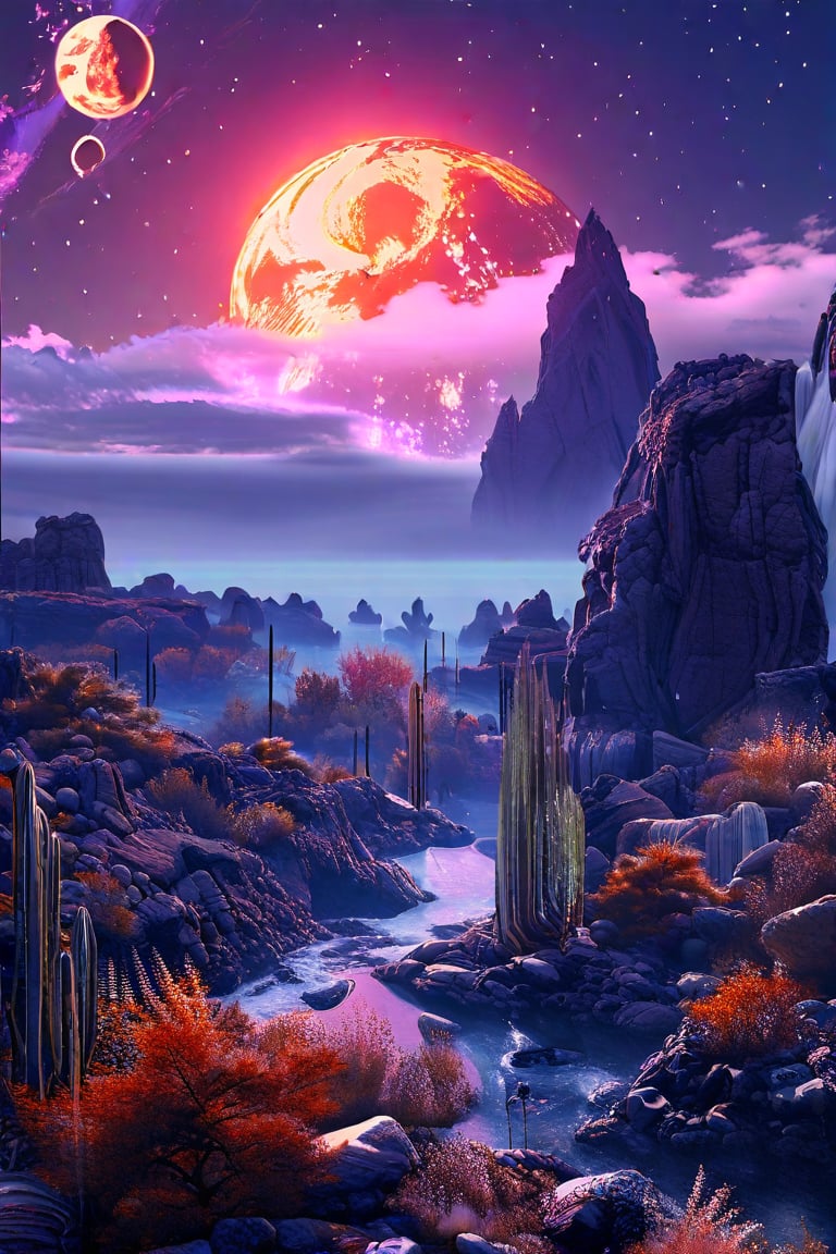 In this breathtakingly detailed photograph, a surreal alien landscape stretches out like an otherworldly canvas. Floating rocks, some resembling ethereal sculptures, drift effortlessly amidst an assortment of strange vegetation that seems to defy explanation. The sky above is ablaze with multiple moons, their luminescent glow casting an eerie light upon the scene. The composition is masterfully executed, with a wide range of colors dancing across the frame. Note the intricate details on the rocks' textures and the vegetation's peculiar structures, all rendered in stunning 16k resolution. This Hyper-realistic masterpiece has earned its place among the trending artworks on Artlist, boasting an extreme level of detail that invites the viewer to explore every nook and cranny.