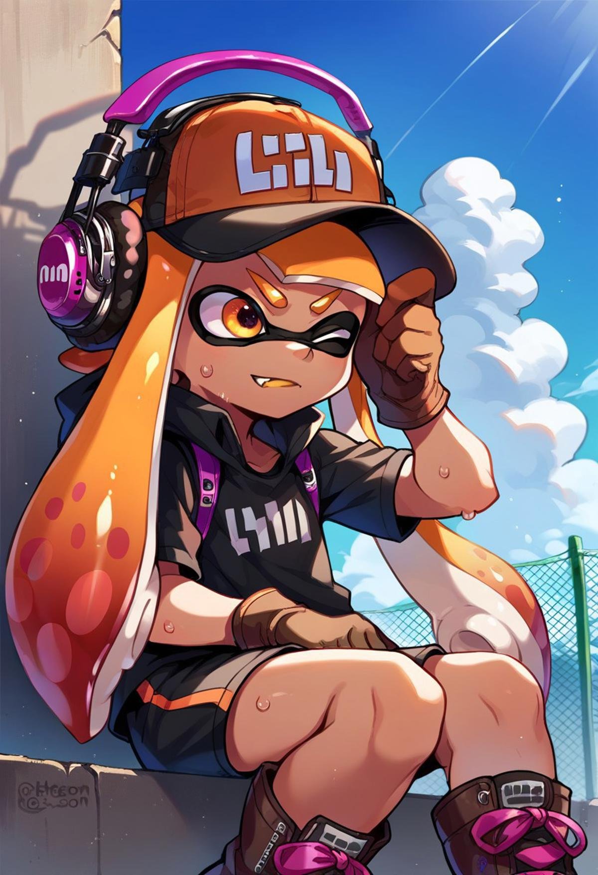 score_9, score_ 8, score_7_up, source_anime, inkling girl, fang, day, headphones, sky, sweat, boots, one eye closed, baseball cap, gloves, sidelocks