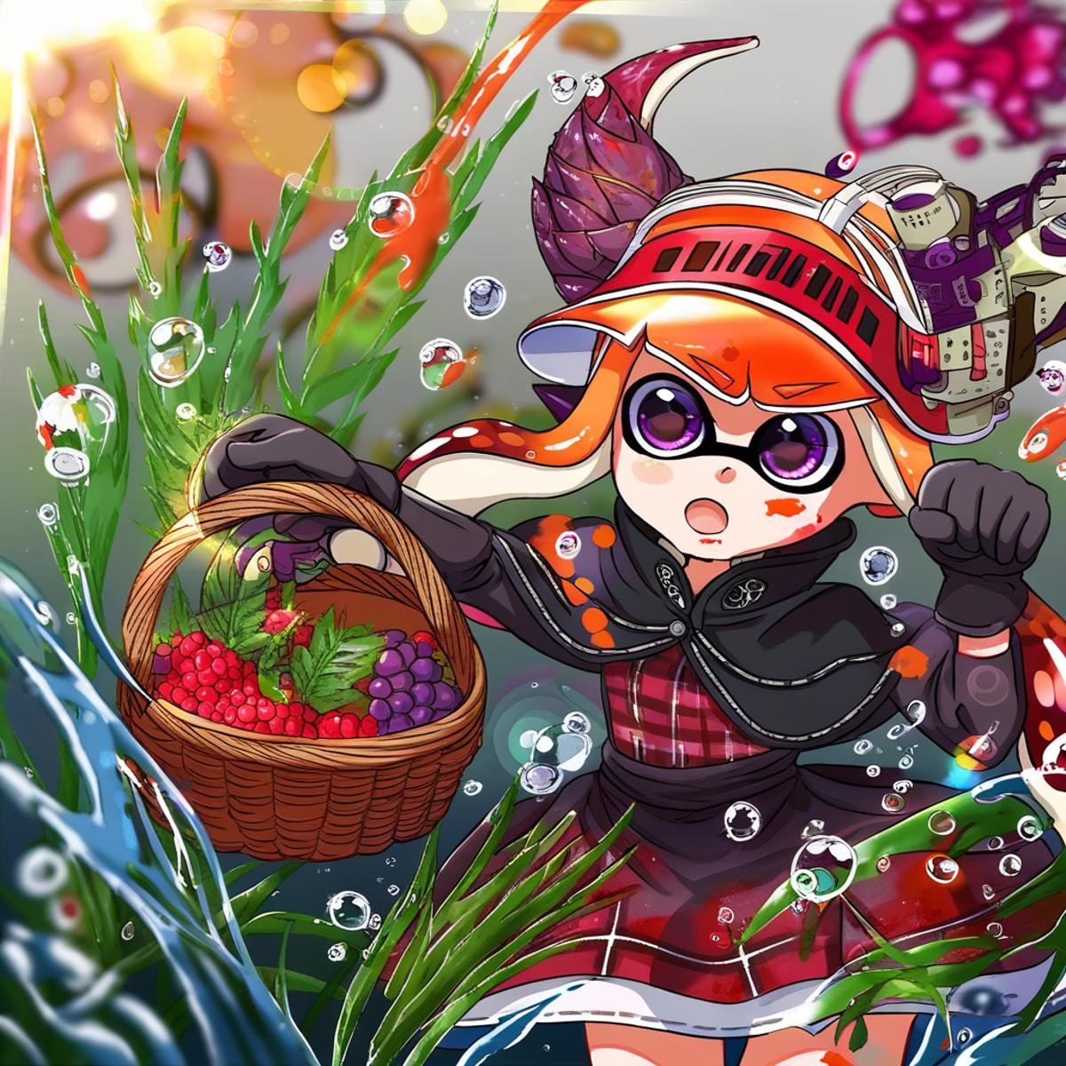 inkling girl, splattershot (splatoon), legs up, lens flare, gloves, paw pose, waist apron, water drop, holding gun, black jacket, red capelet, monster girl, plaid shirt, horns, blurry background, gradient background, blood, wet, berry, holding basket, seaweed, scope, uncensored, visor cap