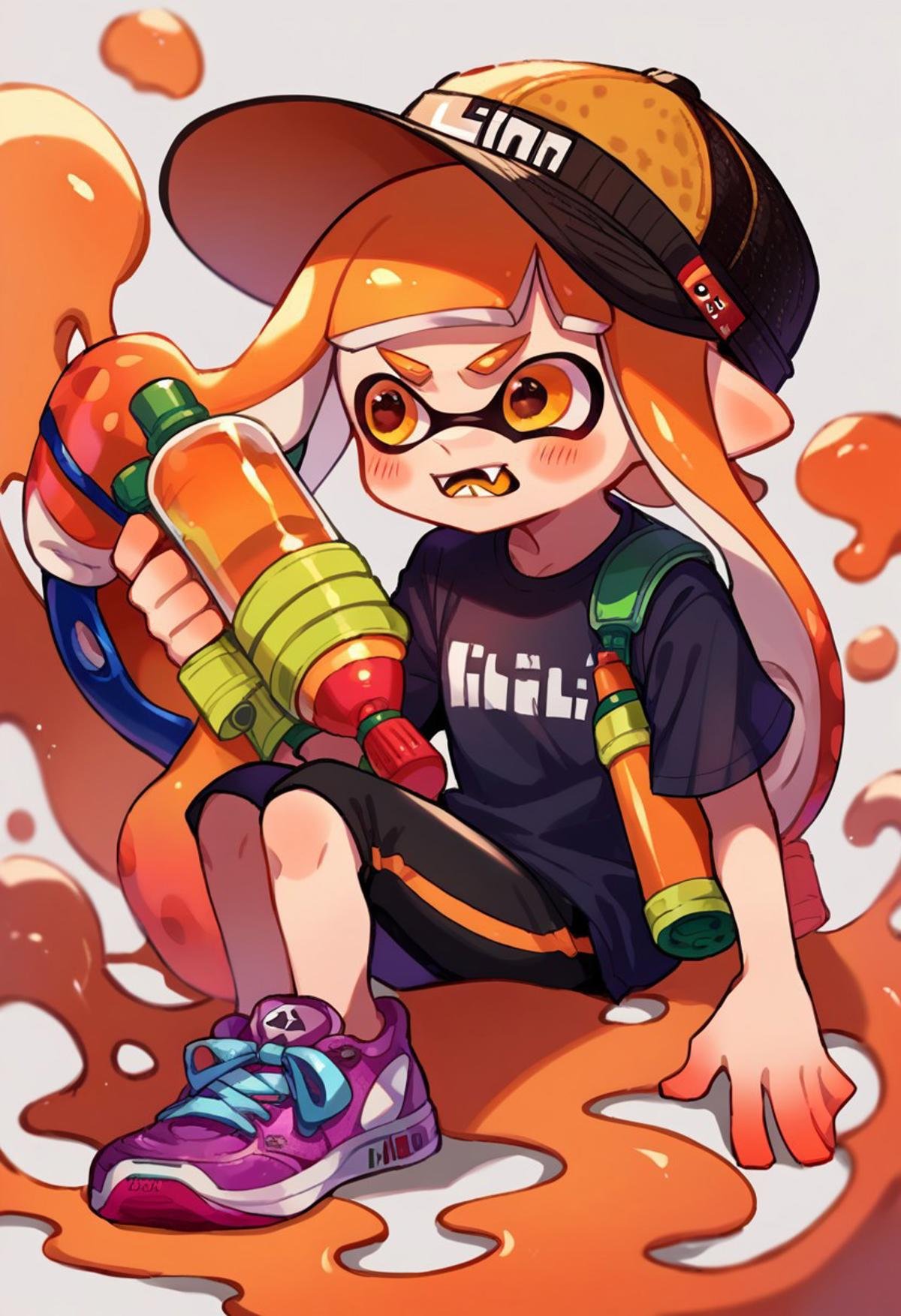 score_9, score_ 8, score_7_up, source_anime, inkling girl, holding weapon, full body, long sleeves, blush, hat, sneakers, ink tank (splatoon), short sleeves, t-shirt, fangs