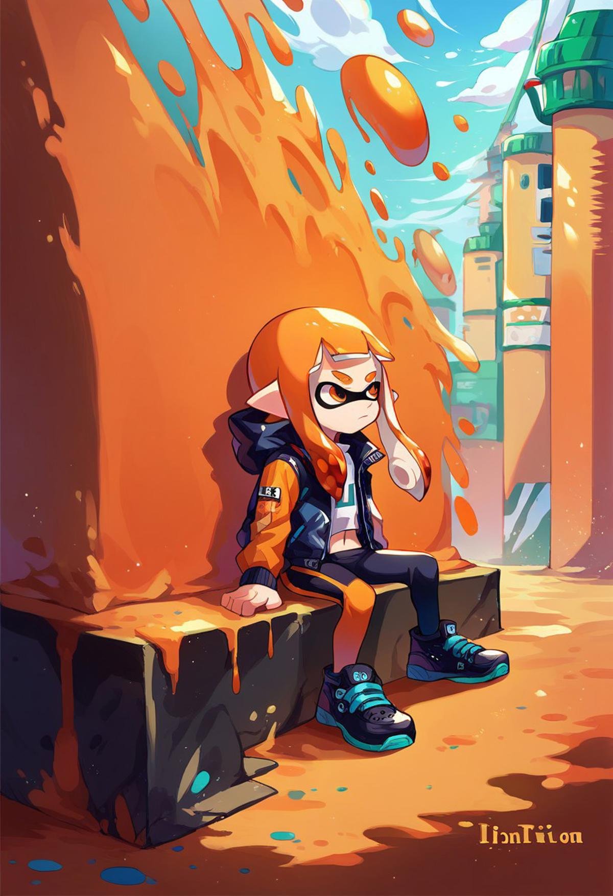 score_9, score_ 8, score_7_up, source_anime, inkling girl, closed mouth, paint splatter, splattershot (splatoon), sitting, jacket, single vertical stripe, artist name, outdoors, black footwear, navel, solo