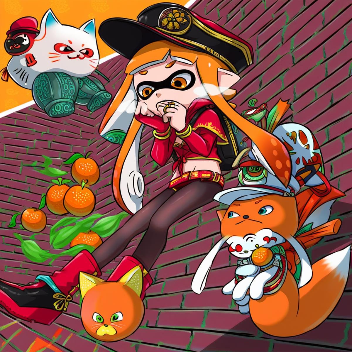 inkling girl, fox mask, chinese zodiac, front-tie bikini top, bracelet, hands on own cheeks, mandarin orange, ankle boots, cat, hairband, teeth, red capelet, looking down, pantyhose, peaked cap, brick wall, ring, belt, open jacket, fingerless gloves, hat, floating, breath, backpack