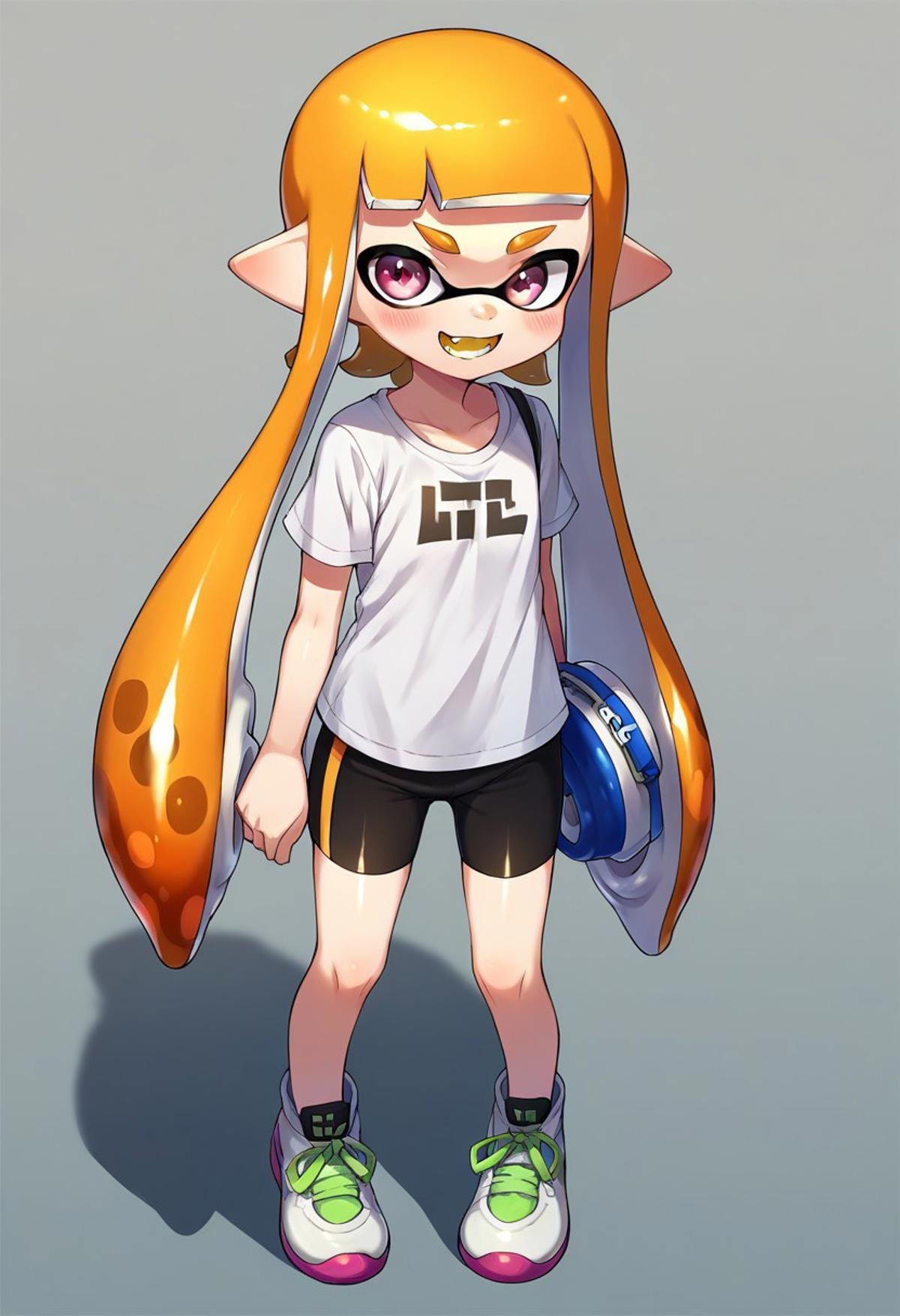 score_9, score_8, score_7, source_anime, inkling girl, 1girl, solo, looking at viewer, splat shirt, smile, splat shorts, blush, open mouth, shoes, standing