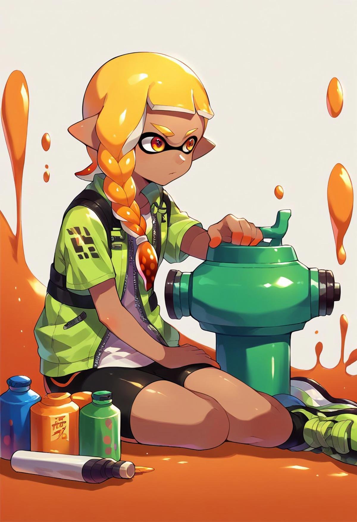 score_9, score_8, score_7, source_anime, inkling girl, sitting, braid, jacket, paint splatter, short sleeves, splattershot (splatoon), ink tank (splatoon), dark skin, single braid