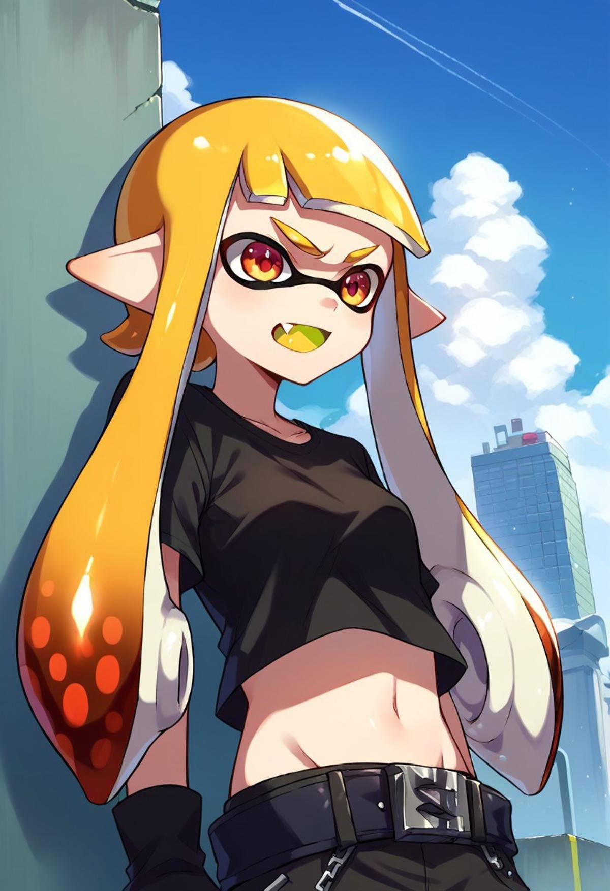 score_9, score_8, score_7, source_anime, inkling girl, solo, outdoors, sky, midriff, day, black footwear, upper body, boots, fang, black shirt