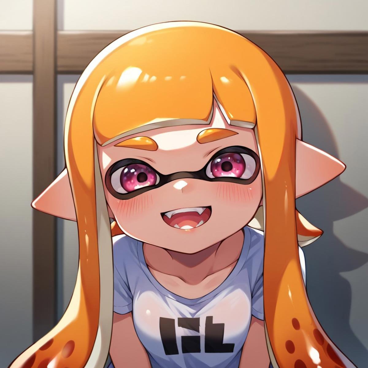 score_9, score_8, score_7, source_anime, inkling girl, POV, looking at viewer, blush, smile, open mouth, upper teeth only