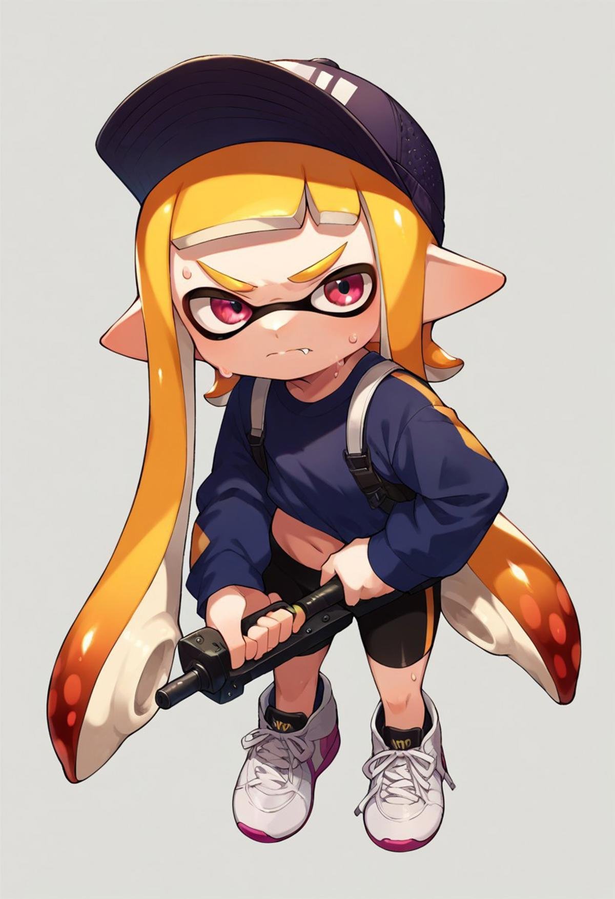 score_9, score_8, score_7, source_anime, inkling girl, long sleeves, full body, closed mouth, navel, sweat, fangs, hat, sneakers, holding weapon