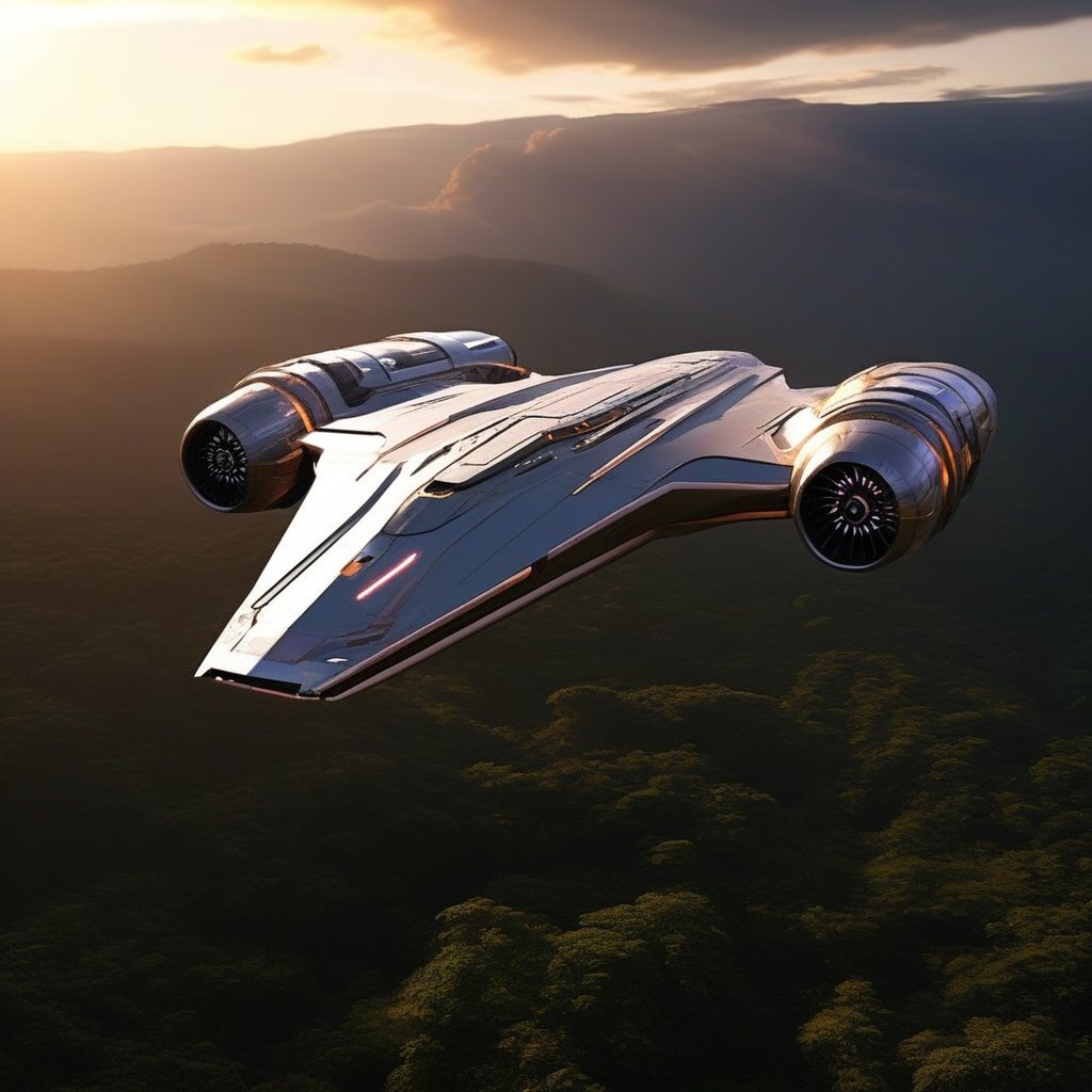 realistic photo of starship,  flying over Amazon forest at high speed,  rear view by EclipseKww on Tensor.Art
