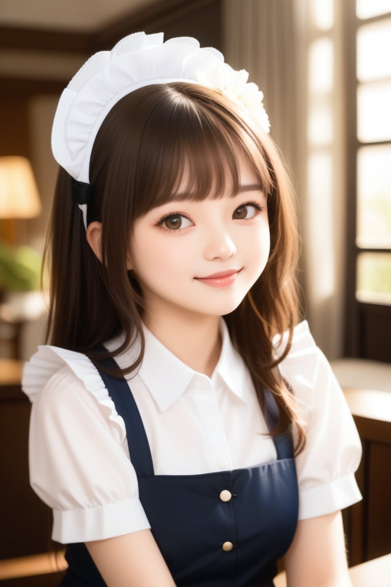 girl sitting indoors, bangs brown hair, wearing pinaforedress, soft smile closed mouth, white shirt, collared shirt, maid, maid headdress, blurry background