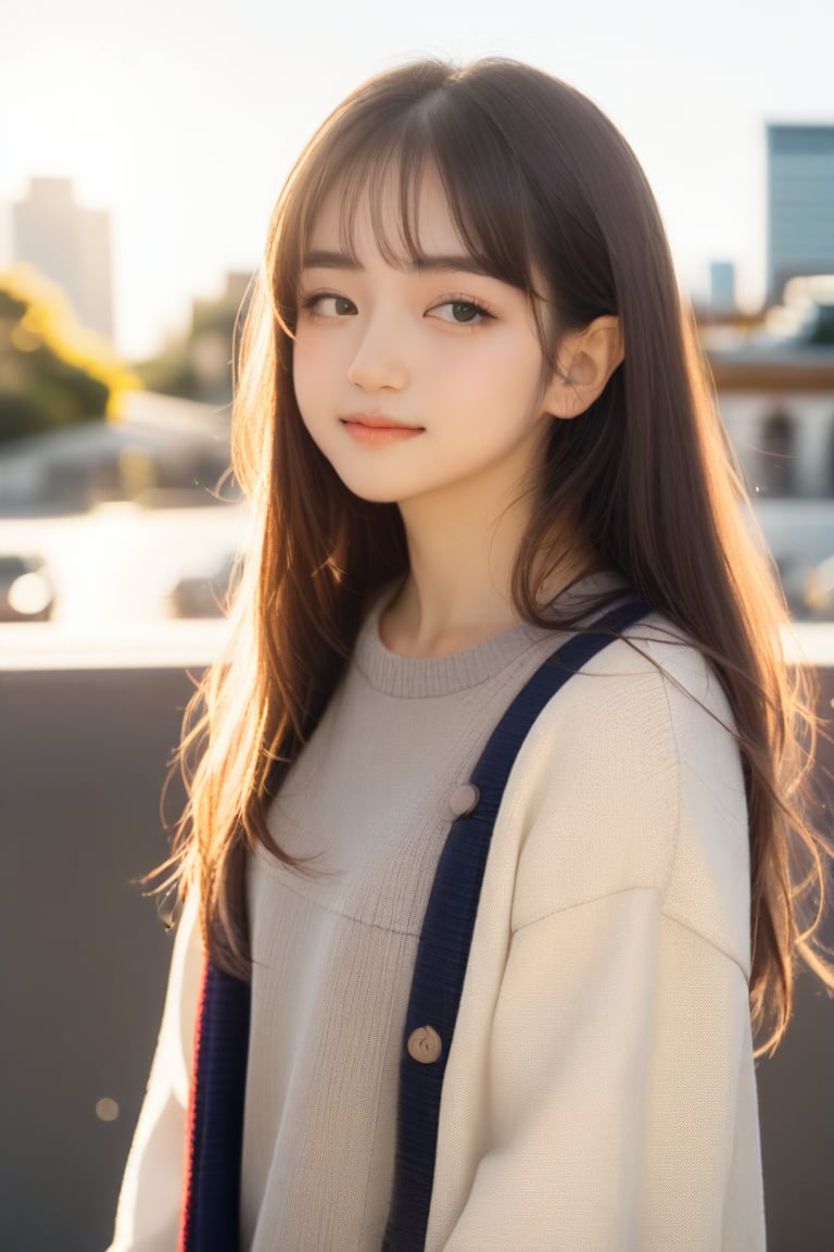 rcgb, girl, dressed in a trendy casual outfit, stands outside on a sunny day. She wears a relaxed expression, with a subtle soft smile playing on her lips as she gazes directly at the viewer. Her mouth is closed, giving an air of quiet contemplation. The warm light casts a gentle glow on her face, highlighting the freckles scattered across her cheeks. In the background, a blurred cityscape or nature scene adds depth to the composition, with the girl's gaze drawing the viewer's attention inward.