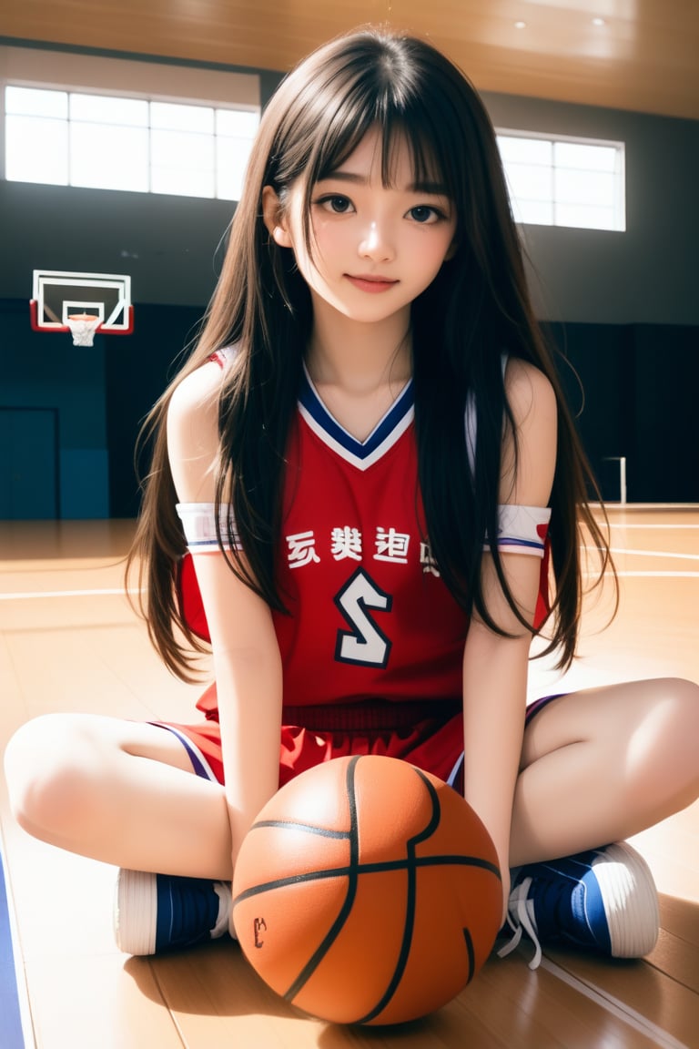 rcgb, girl with long dark hair and fair skin, posing in an indoor basketball court. She is seated on the wooden floor, wearing a sleeveless red sports jersey adorned with white stars, and holds a basketball. Her expression is serene and contemplative, and she gazes directly at the camera. The background is blurry, along with a window that suggests daylight outside. The setting evokes a casual, athletic ambiance.