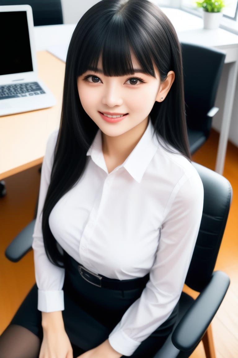 rcgb, office lady sitting on her chair, long black blunt bang hair, looking at viewer with smile closed mouth, wearing white shirt, black skirt and pantyhose, office, from above