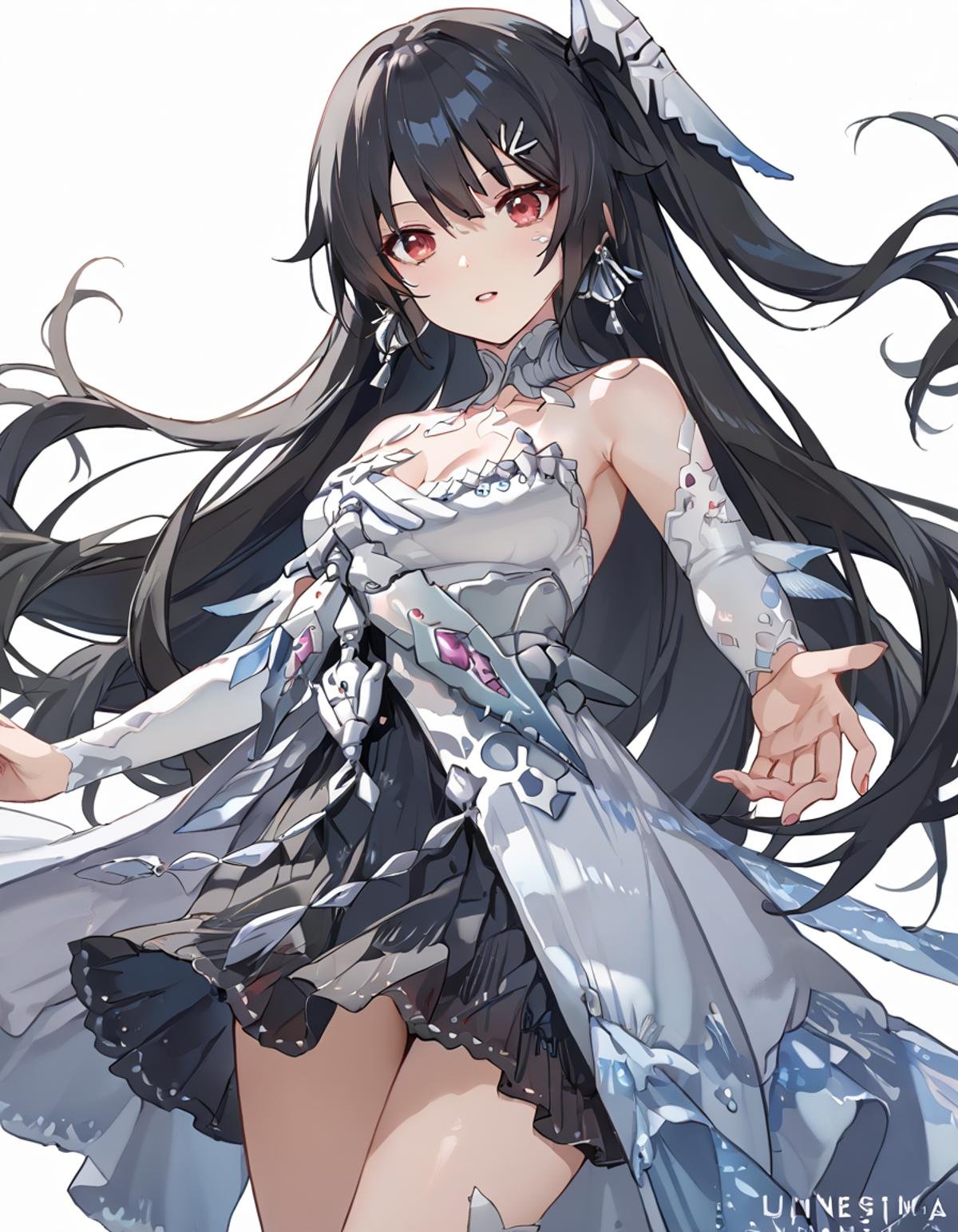 Volumetric Lighting, masterpiece, best quality, very detailed, source_anime, score_9, score_8_up, score_7_up BREAK, light depth, dramatic atmospheric lighting, Volumetric Lighting, Luciasmr, long hair, black hair, one side up, red eyes, DoR dress,white dress, DoR skirt, black skirt, DoR hair ornament, DoR earrings,DoR hairclip BREAK, (((white background)))