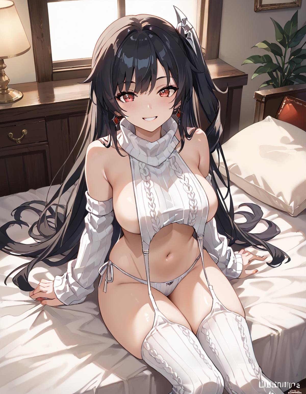 Volumetric Lighting, masterpiece, best quality, very detailed, source_anime, score_9, score_8_up, score_7_up BREAK, light depth, dramatic atmospheric lighting, Volumetric Lighting, Luciasmr, long hair, one side up, black hair, red eyes,large breast,virgin destroyer sweater, panties, detached sleeves, thighhighs, sitting, on bed,smile,presenting, naughty smile