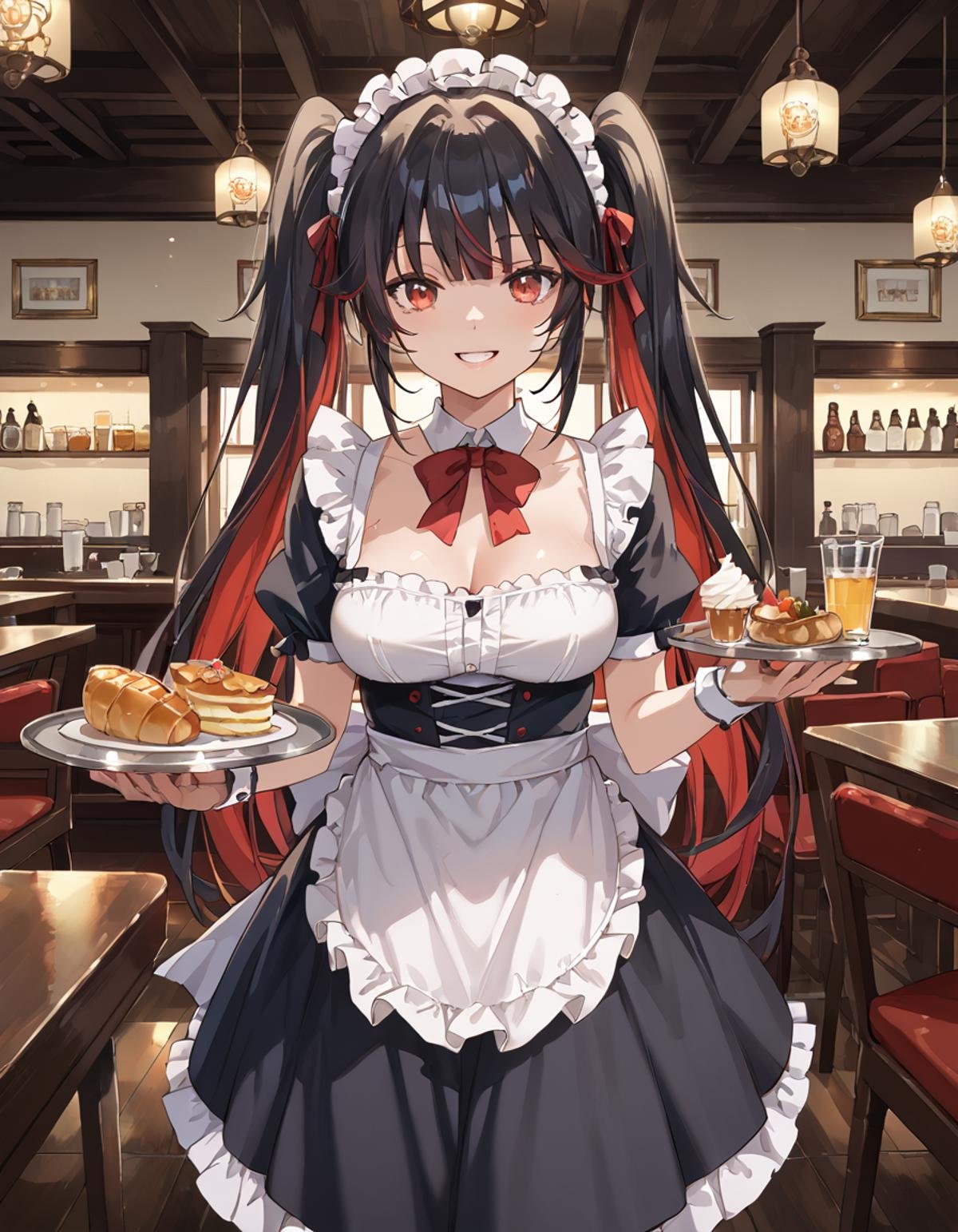 Volumetric Lighting, masterpiece, best quality, very detailed, source_anime, score_9, score_8_up, score_7_up BREAK, light depth, dramatic atmospheric lighting, Volumetric Lighting, Luciadef, long hair, twintails,colored inner hair, black hair, red eyes,cafe, maid,maid uniform,maid headdress,maid apron, tray,looking at viewer,smile