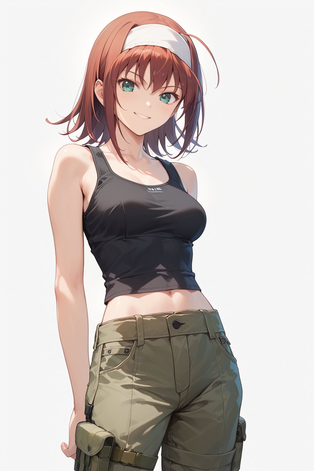 black tank top,  blue military cargo pants,  smirk looking at viewer by user_669393743098450127 on Tensor.Art