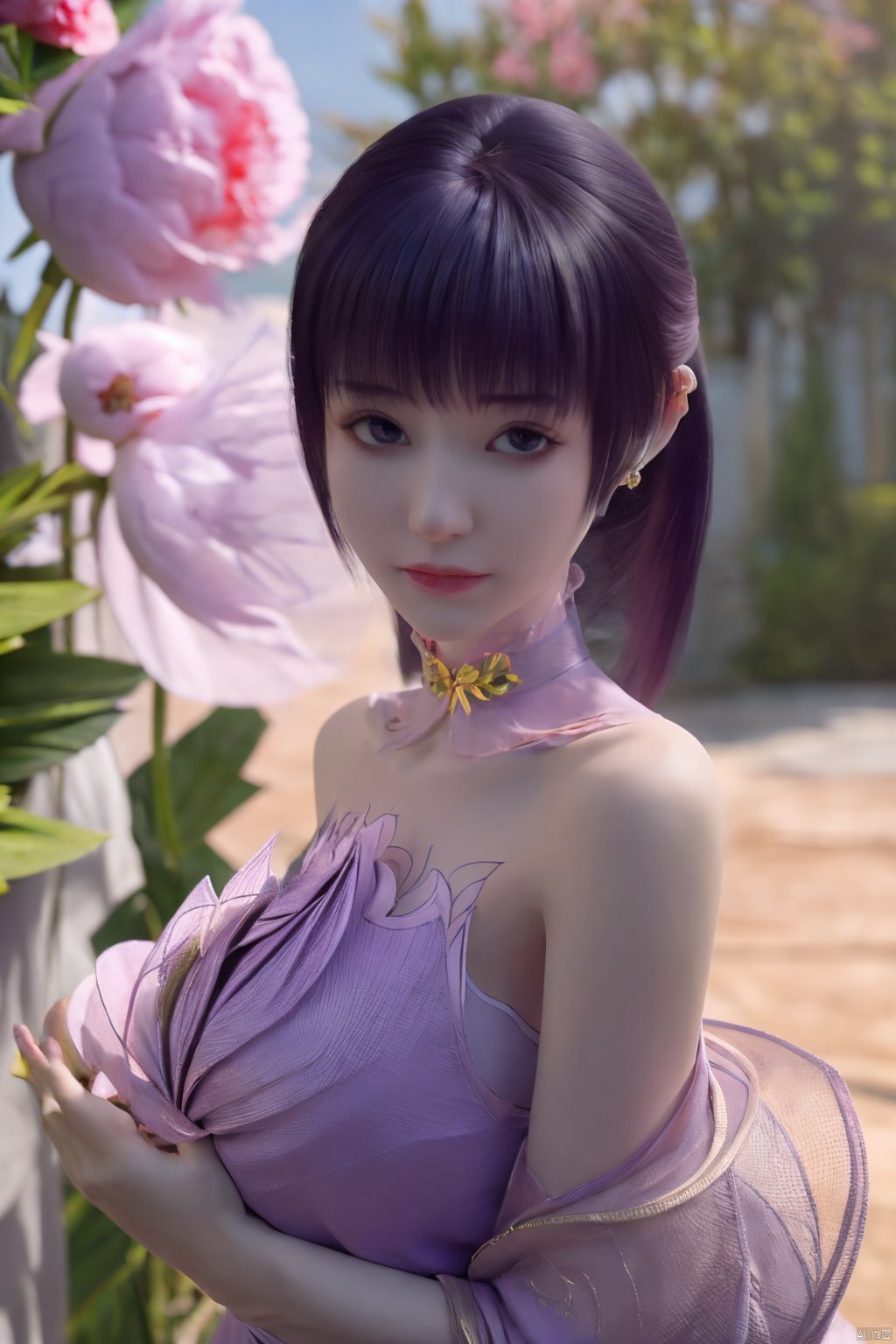  (best quality,masterpiece),Yunxiao_Fairy,1girl,solo,long hair,looking at viewer,jewelry,closed mouth,purple eyes,upper body,purple hair,earrings,blurry,blurry background,sunlight,red lips,(big breasts:1.3),(Peony,full moon:1.49),Xziyan