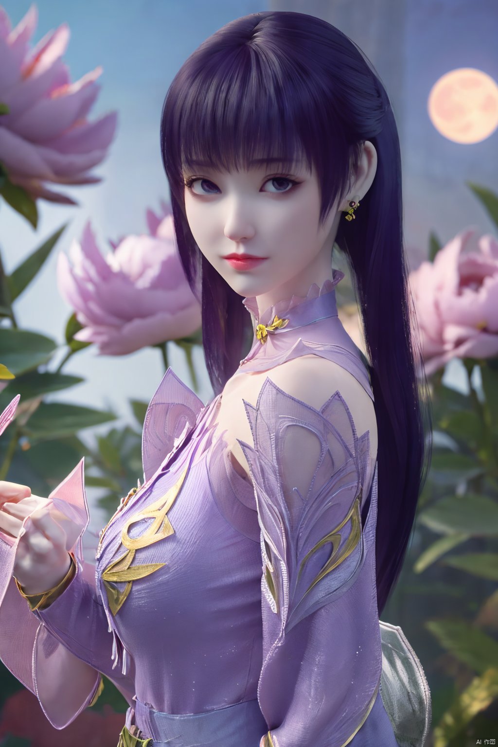  (best quality,masterpiece),Yunxiao_Fairy,1girl,solo,long hair,looking at viewer,jewelry,closed mouth,purple eyes,upper body,purple hair,earrings,blurry,blurry background,sunlight,red lips,(big breasts:1.3),(Peony,full moon:1.49),Xziyan