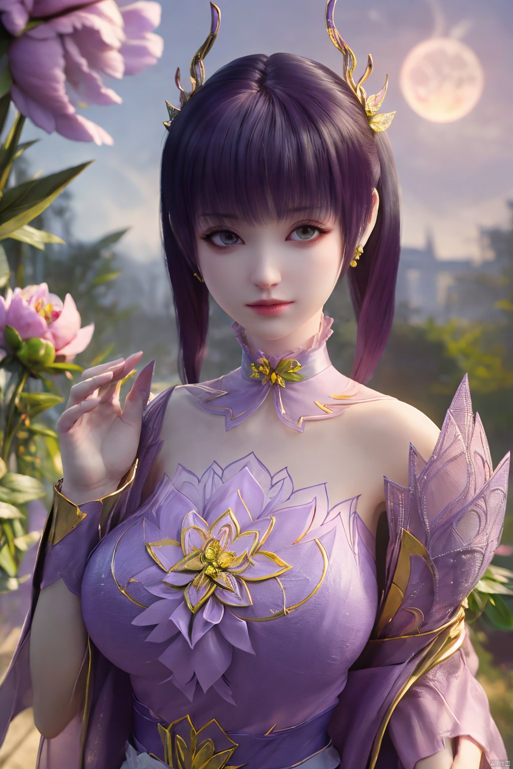  (best quality,masterpiece),Yunxiao_Fairy,1girl,solo,long hair,looking at viewer,jewelry,closed mouth,purple eyes,upper body,purple hair,earrings,blurry,blurry background,sunlight,red lips,(big breasts:1.3),(Peony,full moon:1.49),Xziyan