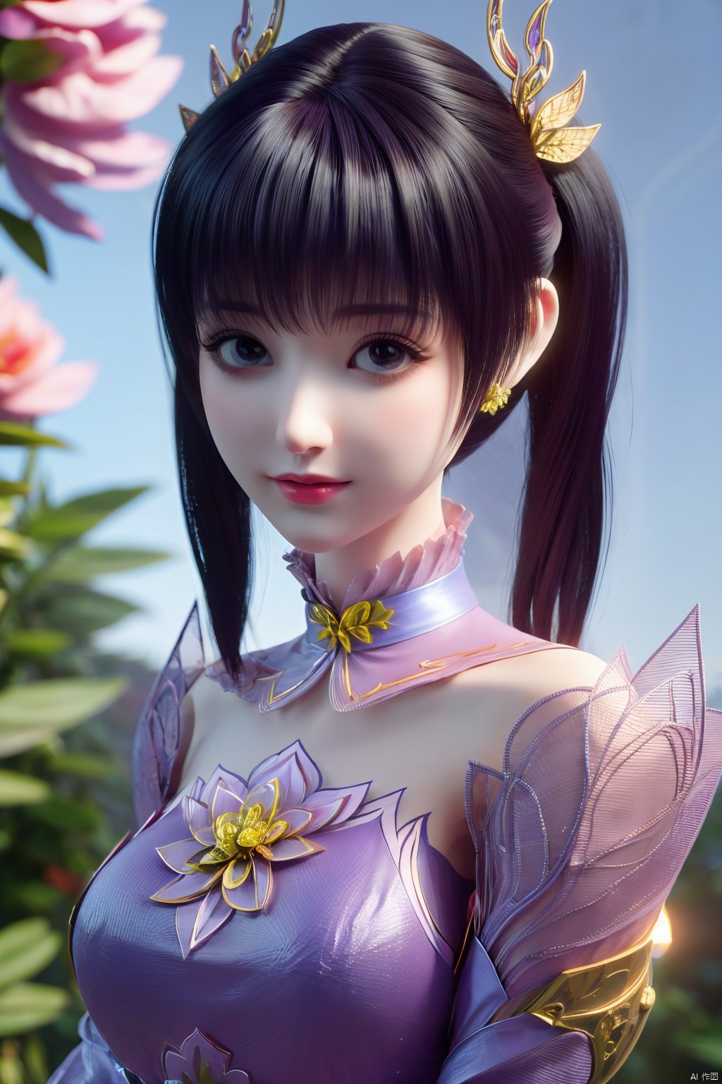  (best quality,masterpiece),Yunxiao_Fairy,1girl,solo,long hair,looking at viewer,jewelry,closed mouth,purple eyes,upper body,purple hair,earrings,blurry,blurry background,sunlight,red lips,(big breasts:1.3),(Peony,full moon:1.49),Xziyan