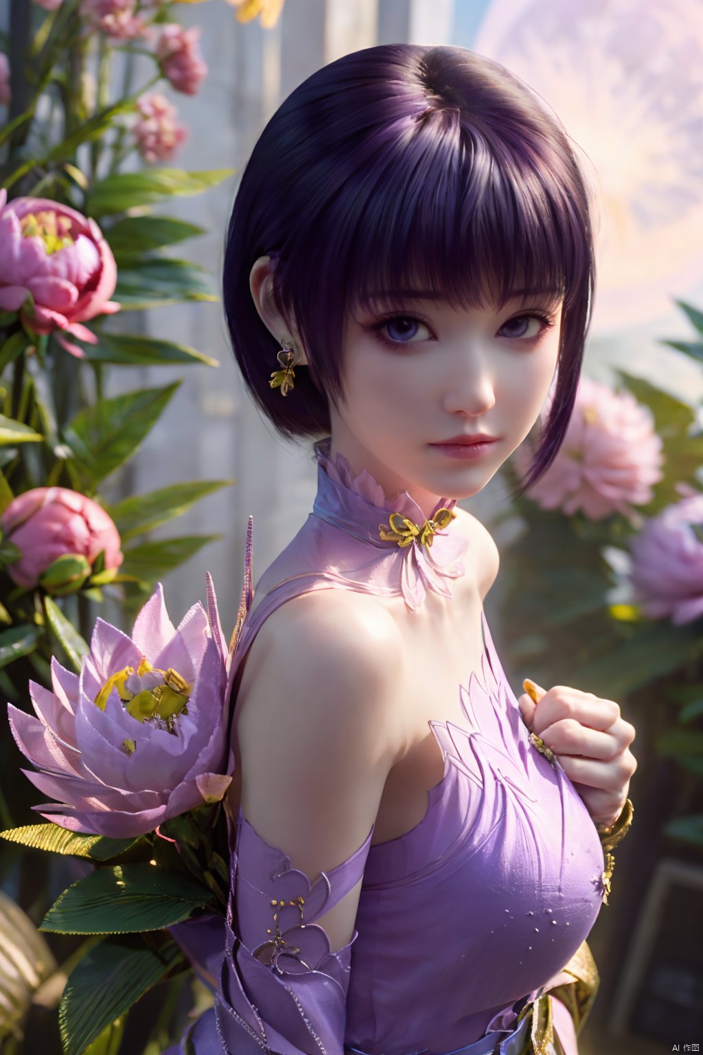  (best quality,masterpiece),Yunxiao_Fairy,1girl,solo,long hair,looking at viewer,jewelry,closed mouth,purple eyes,upper body,purple hair,earrings,blurry,blurry background,sunlight,red lips,(big breasts:1.3),(Peony,full moon:1.49),Xziyan