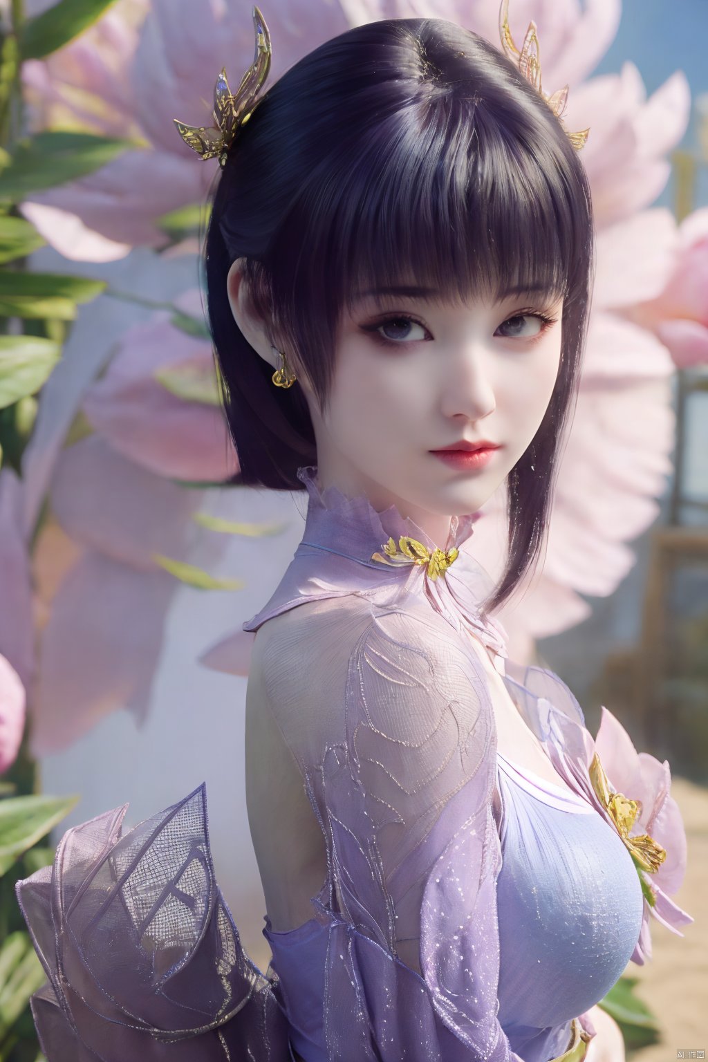  (best quality,masterpiece),Yunxiao_Fairy,1girl,solo,long hair,looking at viewer,jewelry,closed mouth,purple eyes,upper body,purple hair,earrings,blurry,blurry background,sunlight,red lips,(big breasts:1.3),(Peony,full moon:1.49),Xziyan