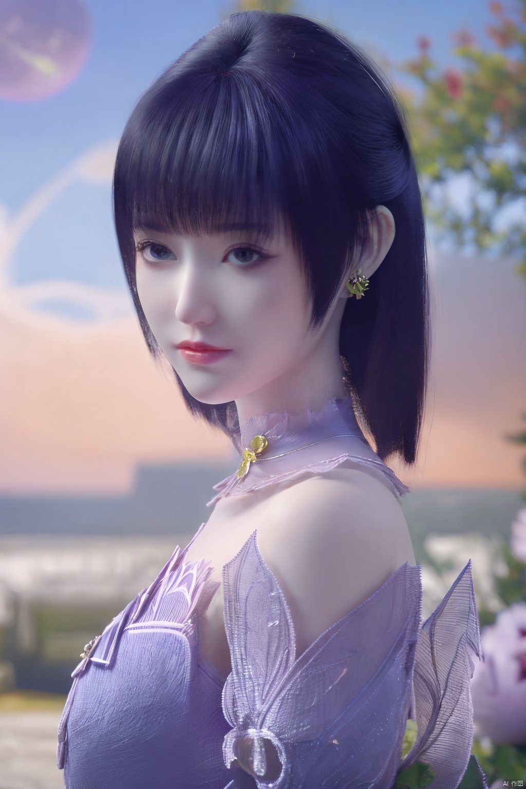  (best quality,masterpiece),Yunxiao_Fairy,1girl,solo,long hair,looking at viewer,jewelry,closed mouth,purple eyes,upper body,purple hair,earrings,blurry,blurry background,sunlight,red lips,(big breasts:1.3),(Peony,full moon:1.49),Xziyan