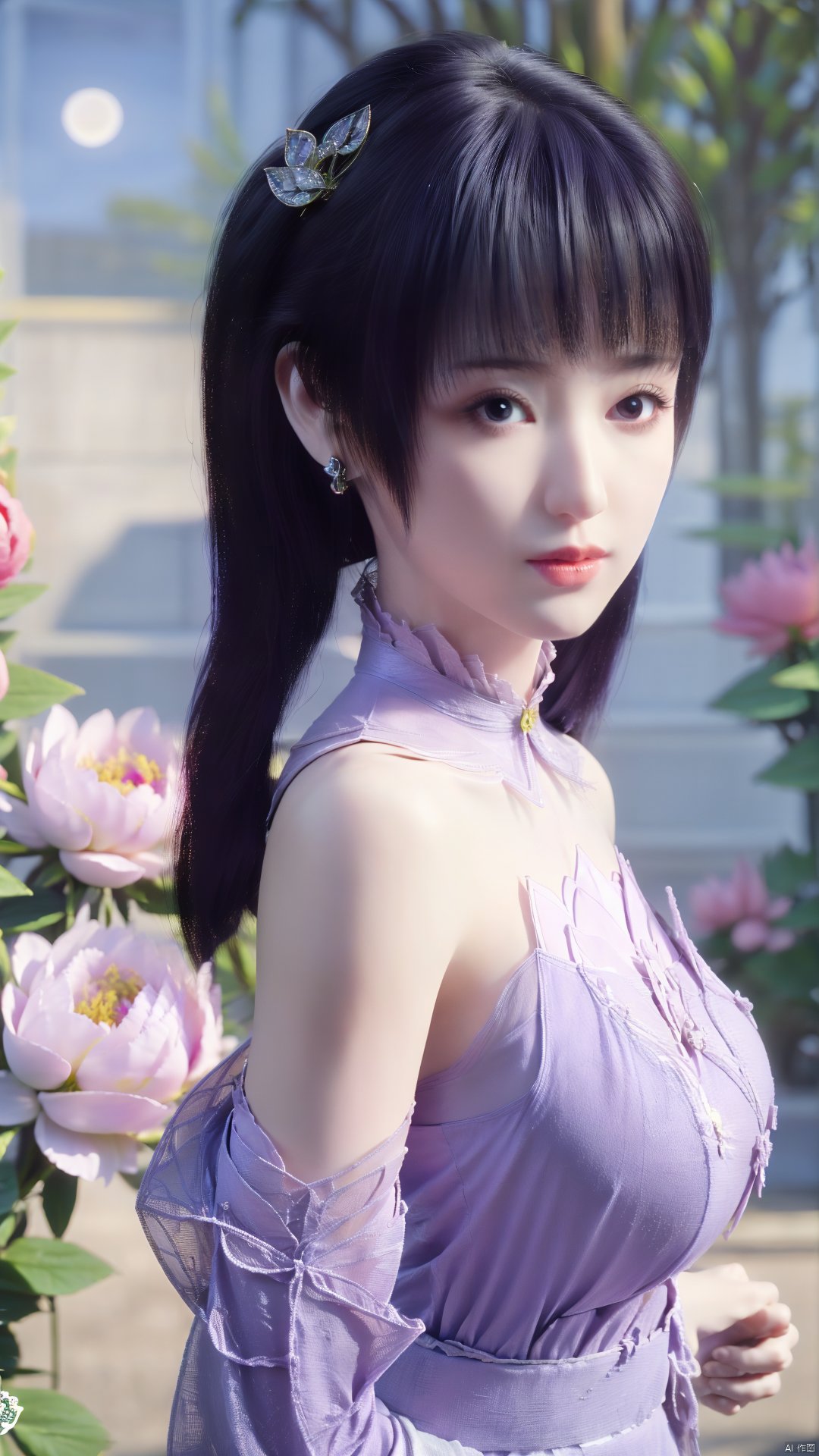 (best quality,masterpiece),Yunxiao_Fairy,1girl,solo,long hair,looking at viewer,jewelry,closed mouth,purple eyes,upper body,purple hair,earrings,blurry,blurry background,sunlight,red lips,(big breasts:1.39),(Peony,full moon:1.49),Xtanghuoer,Xziyan