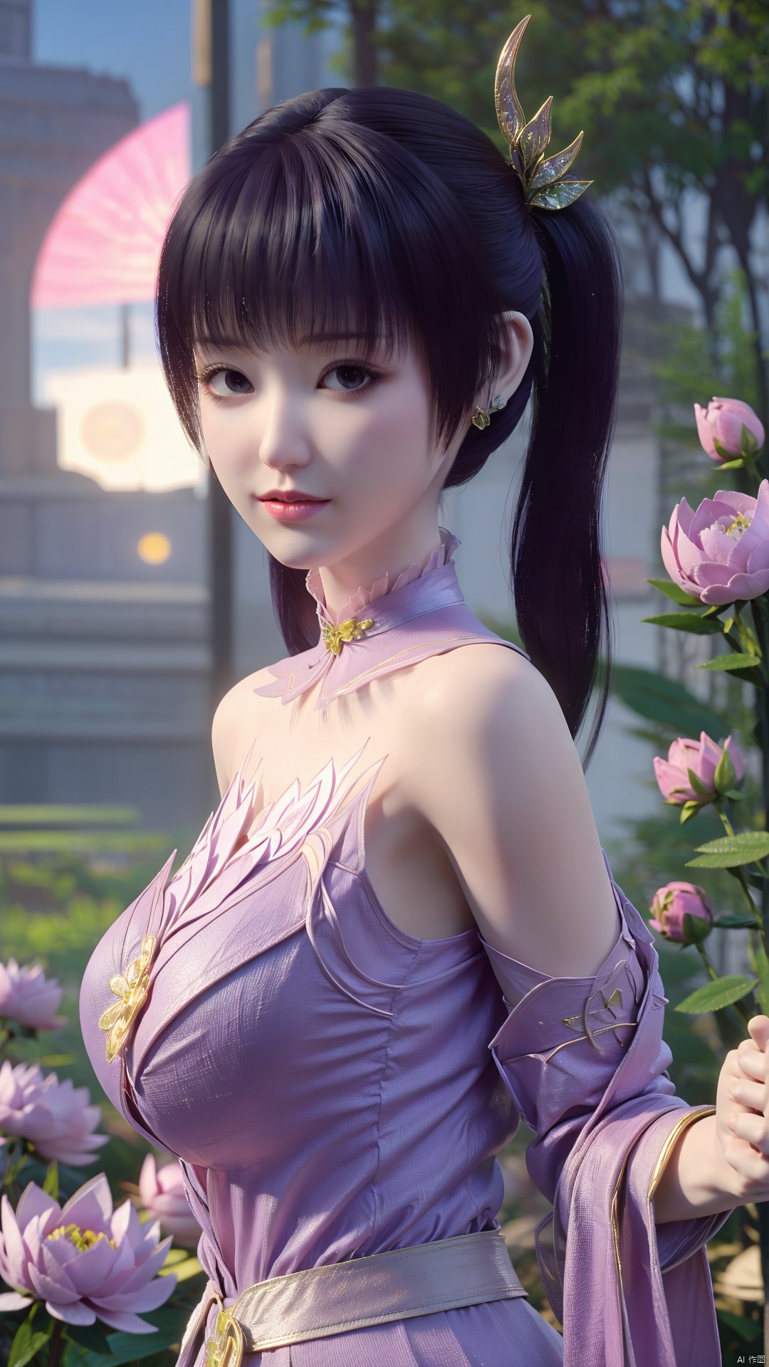 (best quality,masterpiece),Yunxiao_Fairy,1girl,solo,long hair,looking at viewer,jewelry,closed mouth,purple eyes,upper body,purple hair,earrings,blurry,blurry background,sunlight,red lips,(big breasts:1.59),(Peony,full moon:1.49),Xtanghuoer,Xziyan