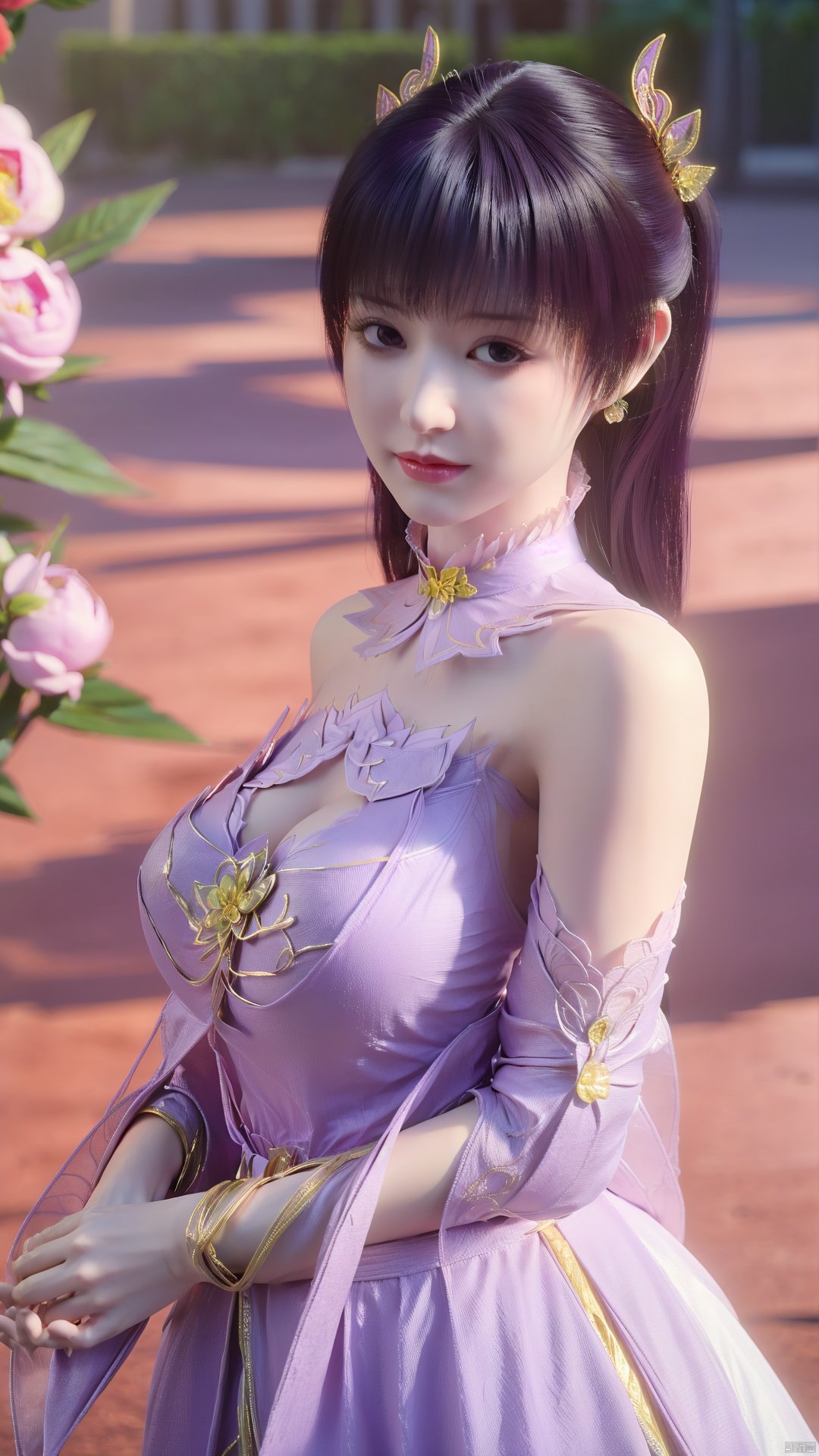 (best quality,masterpiece),Yunxiao_Fairy,1girl,solo,long hair,looking at viewer,jewelry,closed mouth,purple eyes,upper body,purple hair,earrings,blurry,blurry background,sunlight,red lips,(big breasts:1.59),(Peony,full moon:1.49),Xtanghuoer,Xziyan